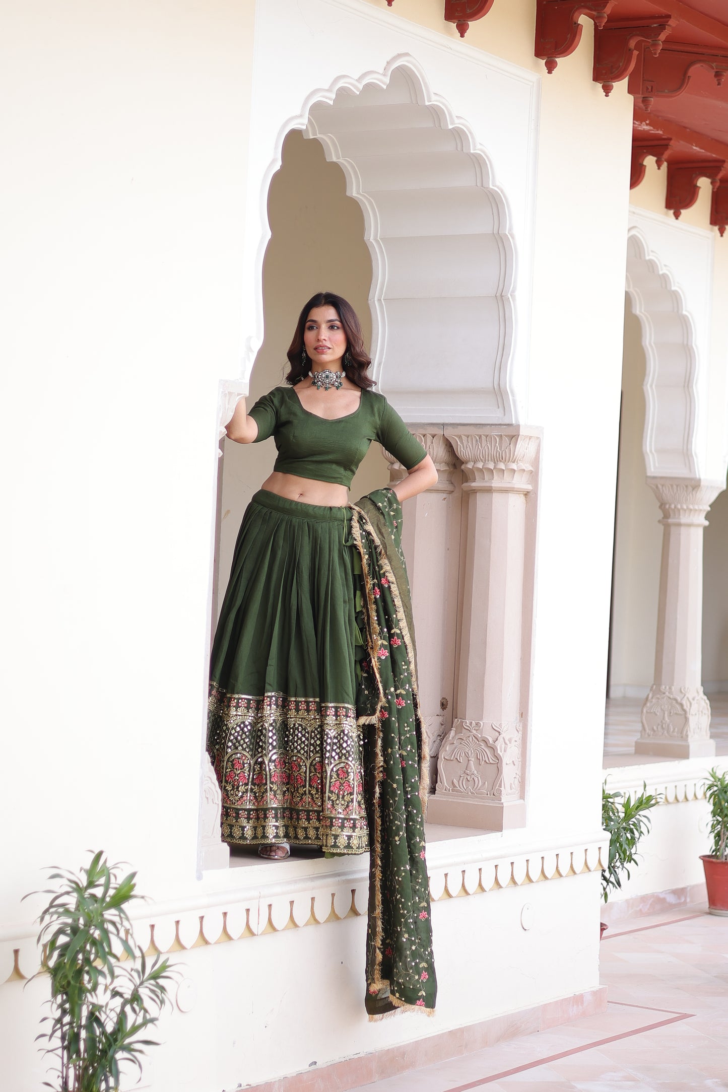 Green Vichitra Silk Sequins and Thread Embroidered work Lehenga Choli