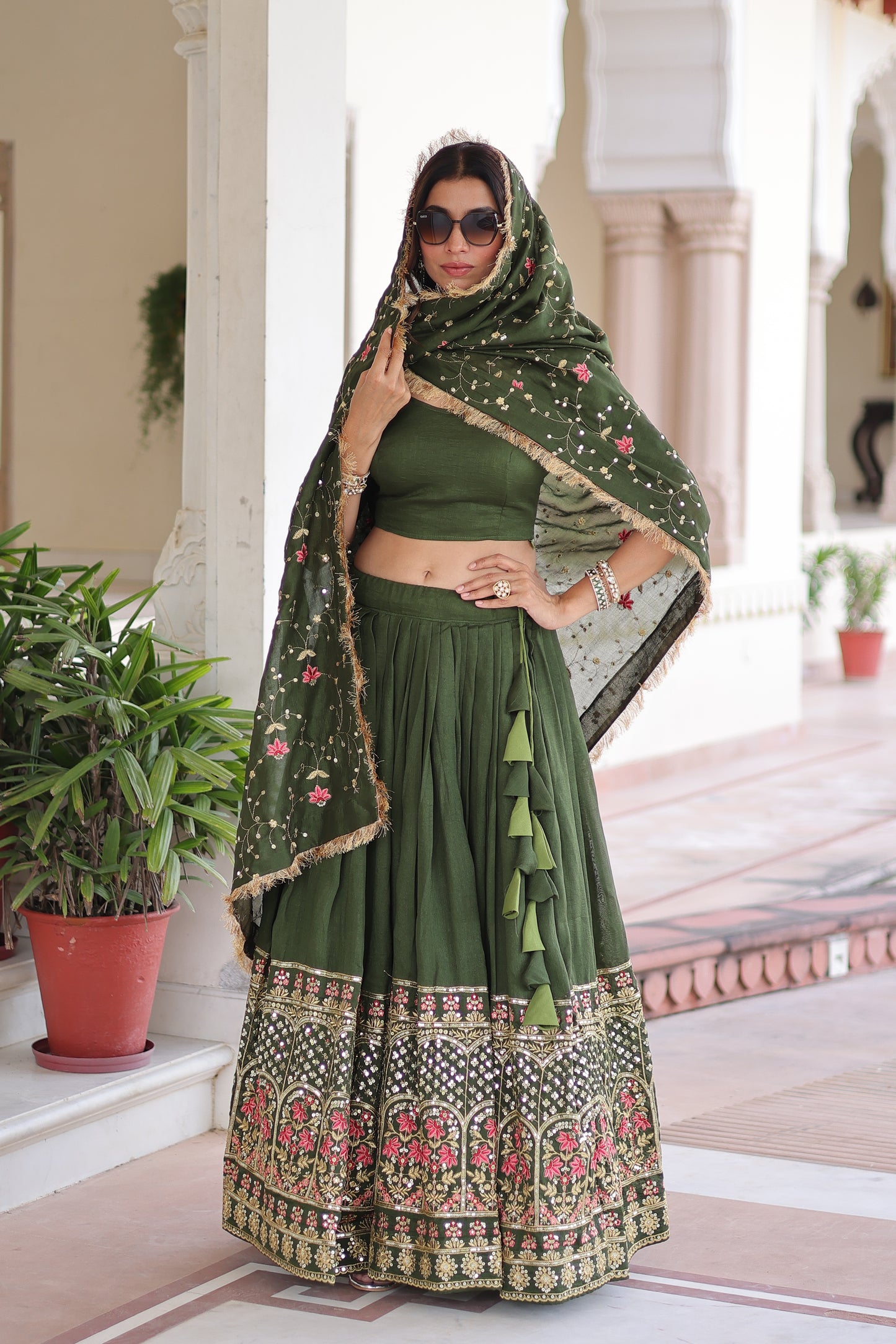 Green Vichitra Silk Sequins and Thread Embroidered work Lehenga Choli