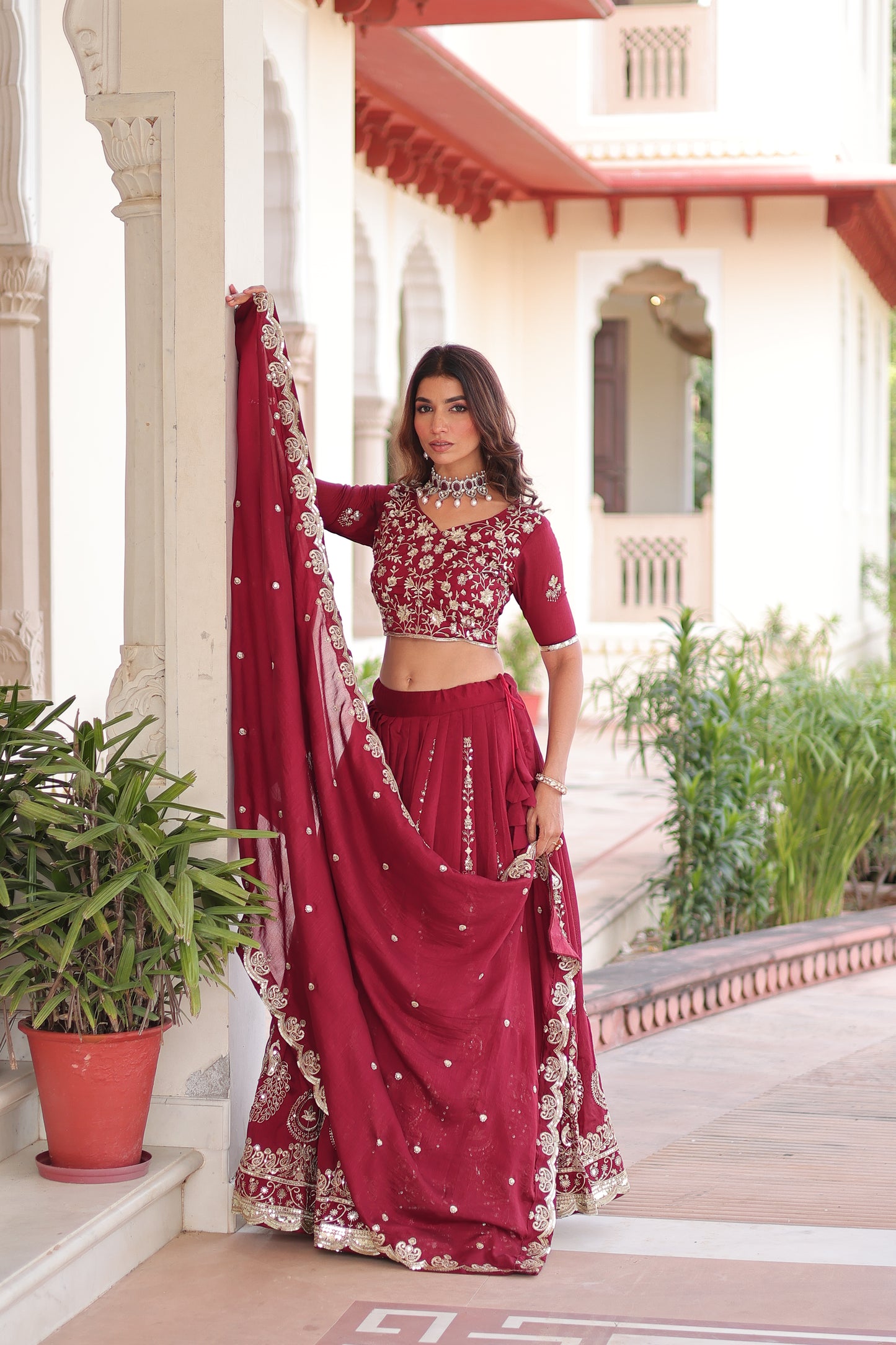 Maroon Vichitra Silk Heavy Sequins and Thread Embroidered work Lehenga Choli