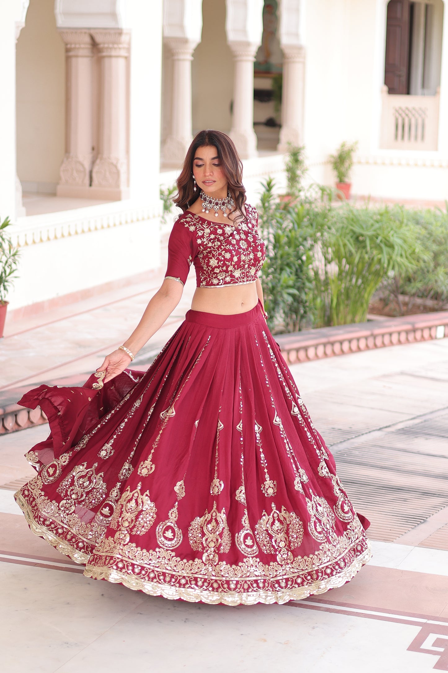 Maroon Vichitra Silk Heavy Sequins and Thread Embroidered work Lehenga Choli