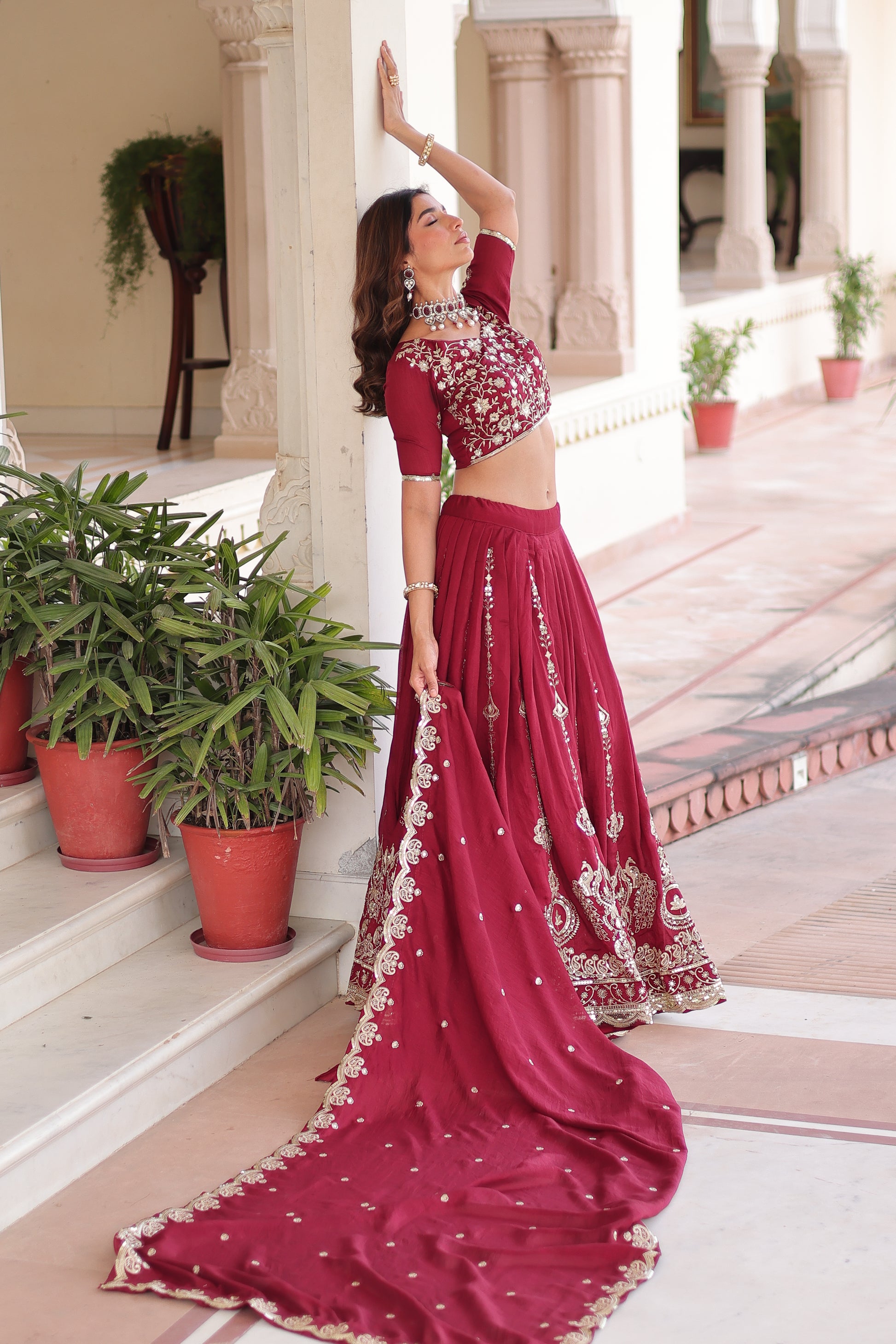 Maroon Vichitra Silk Heavy Sequins and Thread Embroidered work Lehenga Choli