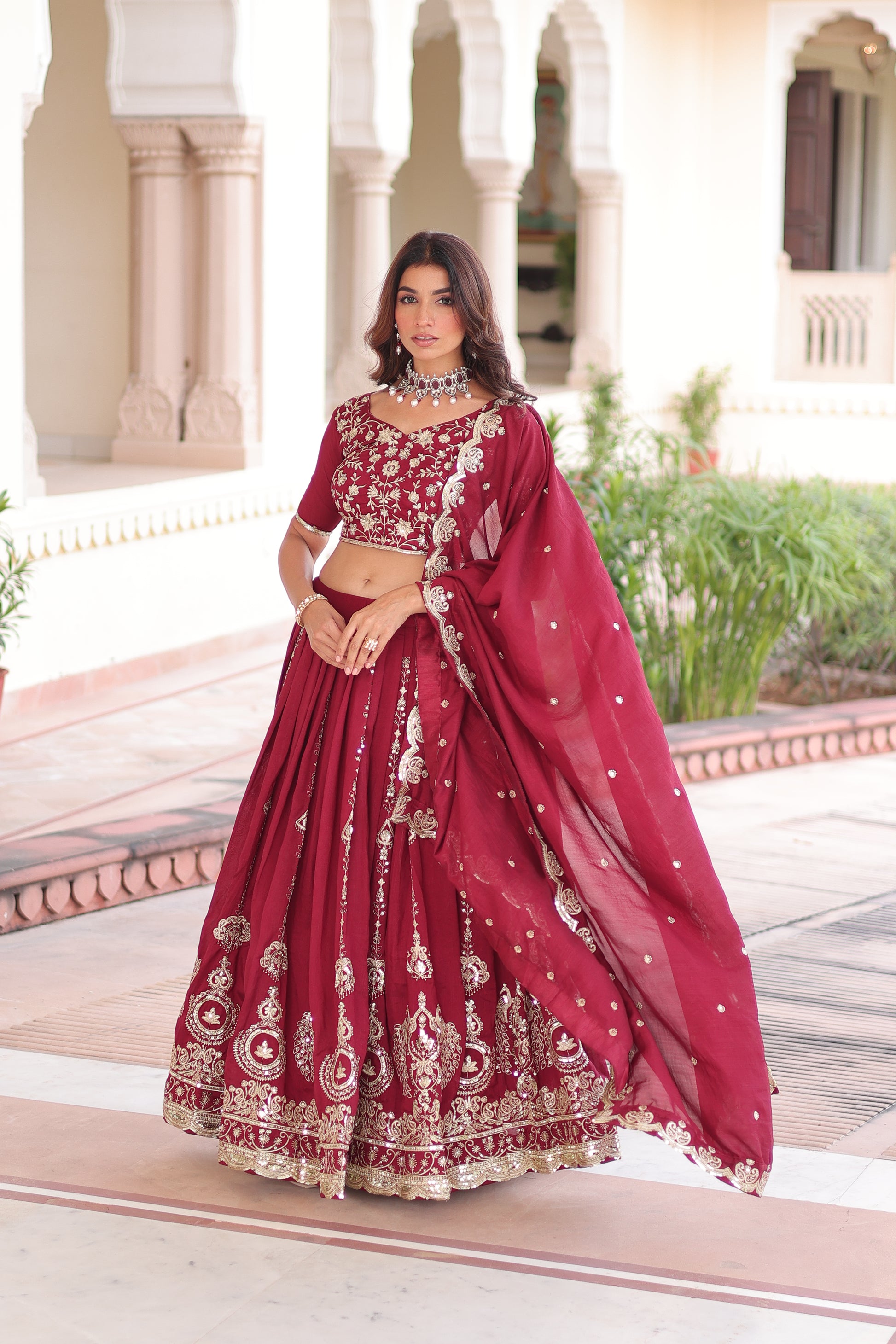Maroon Vichitra Silk Heavy Sequins and Thread Embroidered work Lehenga Choli