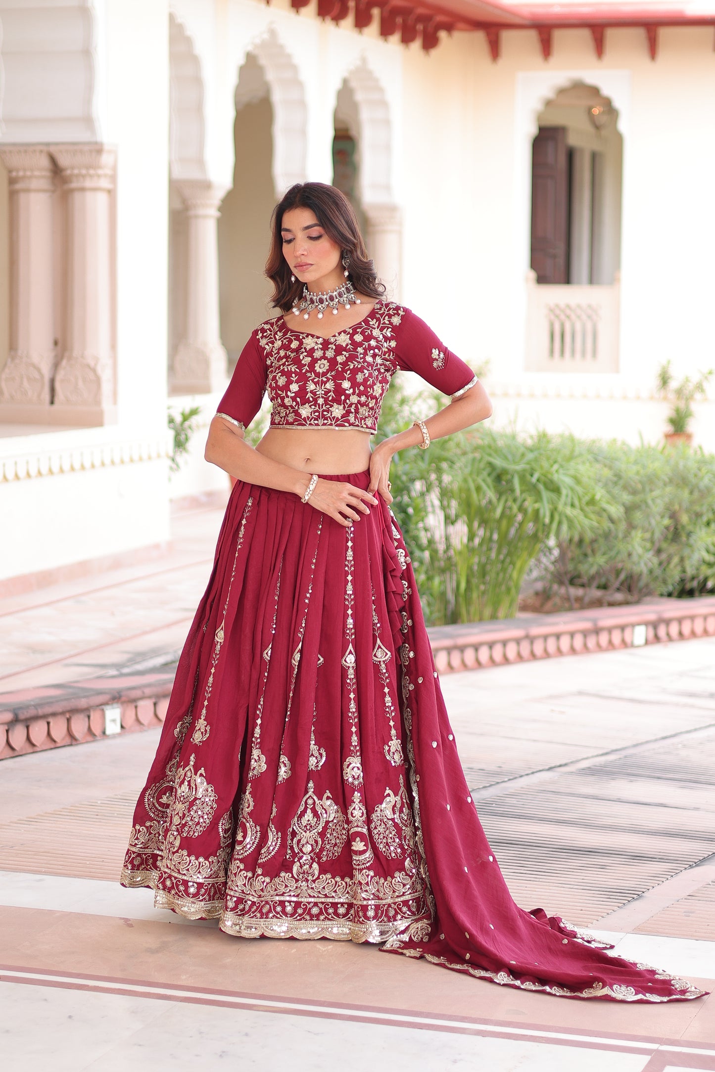 Maroon Vichitra Silk Heavy Sequins and Thread Embroidered work Lehenga Choli
