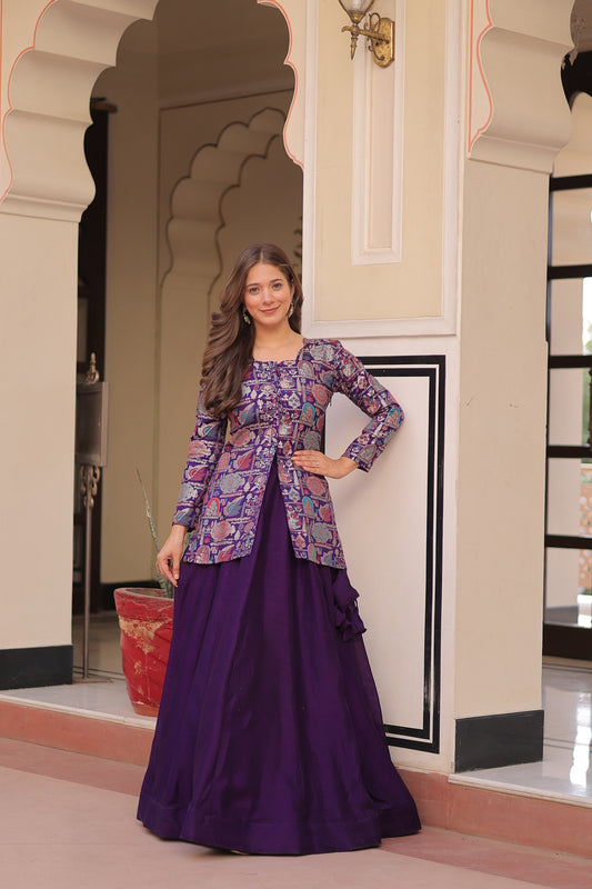 Woman wearing a long purple dress with floral patterns in a room.