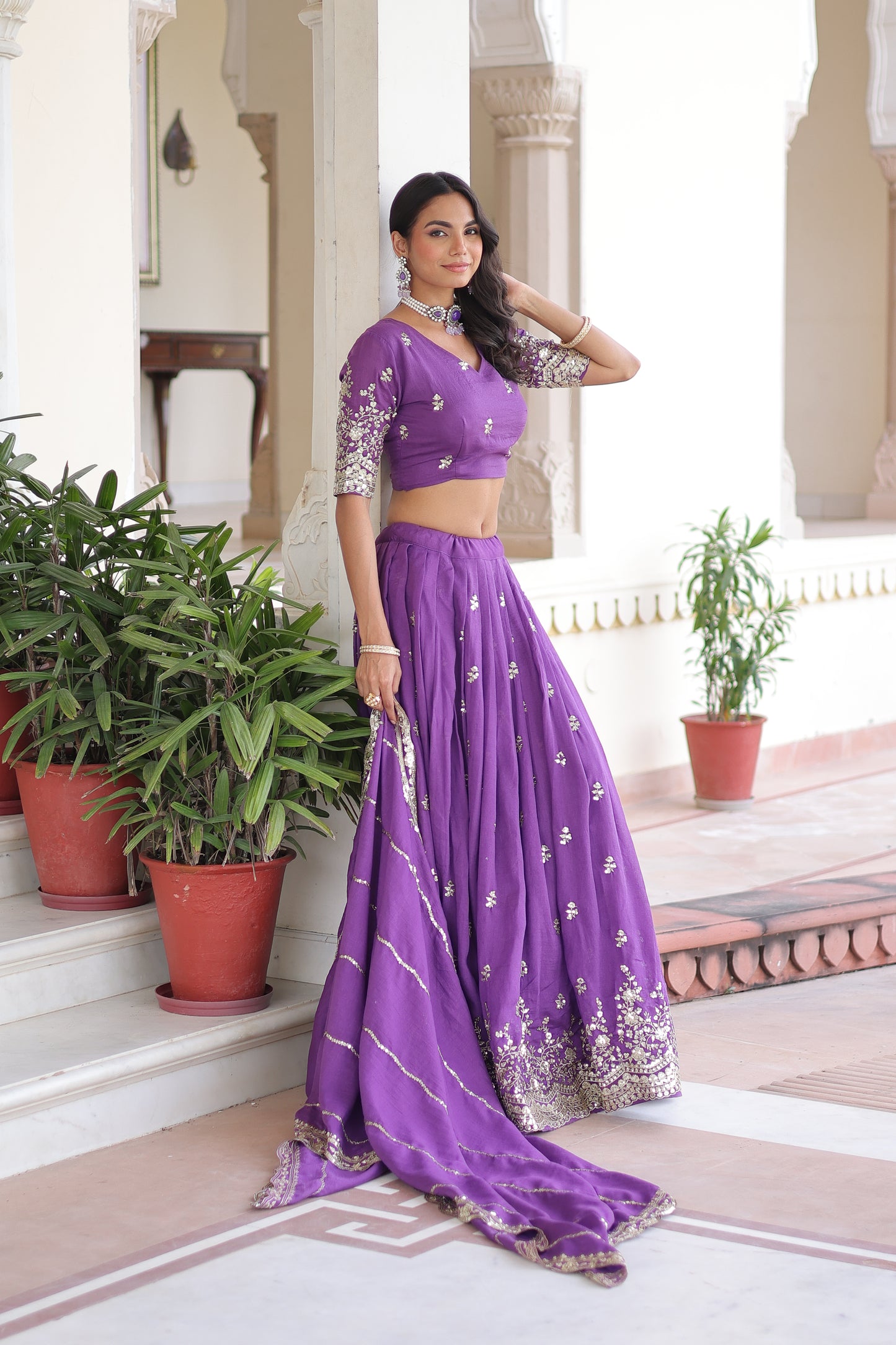Purple Vichitra Silk Sequins and Zari Multi Embroidered work Lehenga Choli