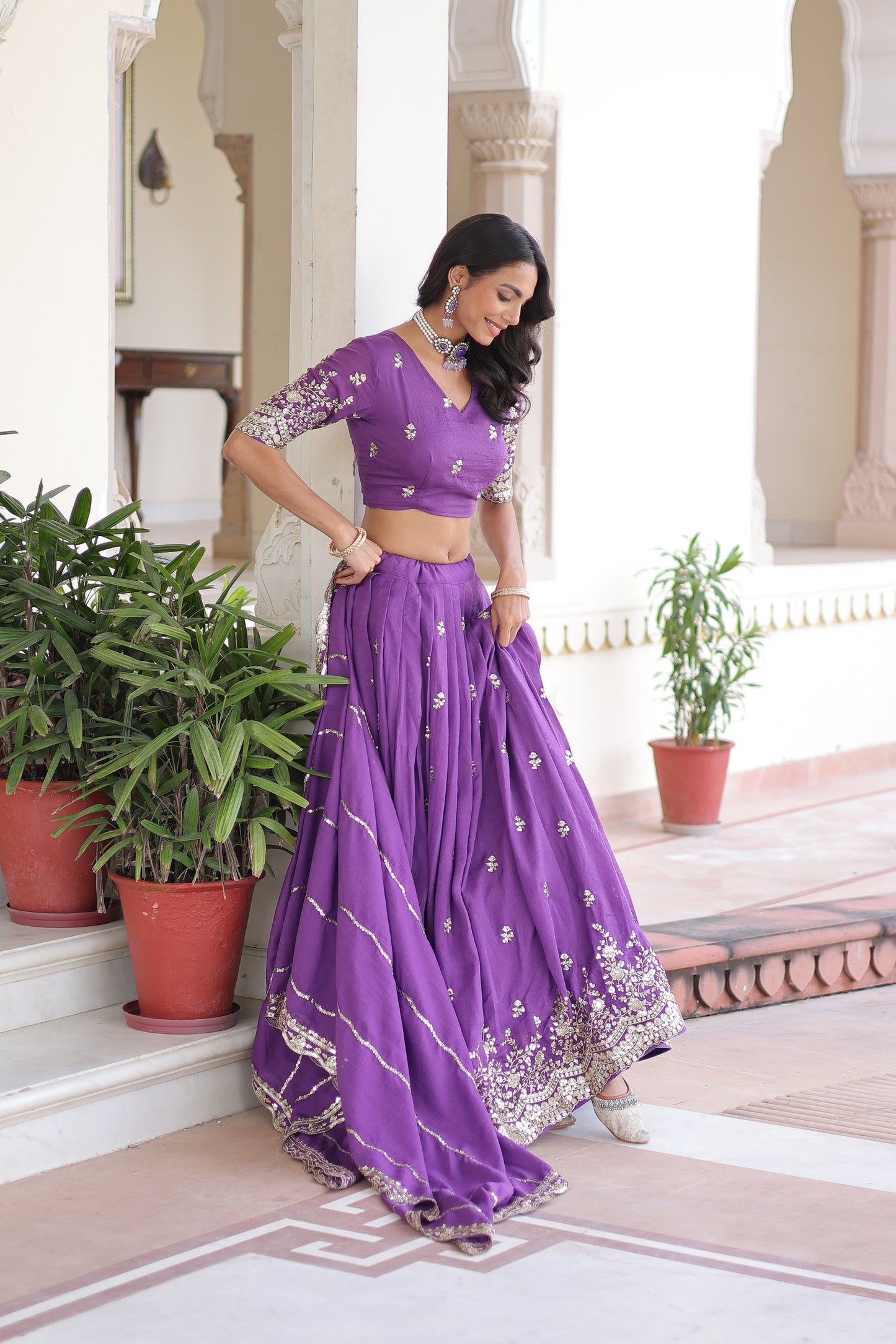 Purple Vichitra Silk Sequins and Zari Multi Embroidered work Lehenga Choli