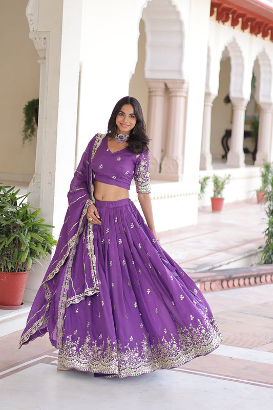 Purple Vichitra Silk Sequins and Zari Multi Embroidered work Lehenga Choli