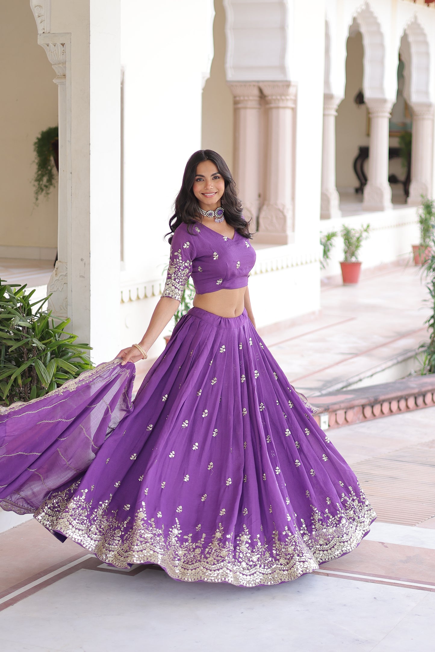 Purple Vichitra Silk Sequins and Zari Multi Embroidered work Lehenga Choli