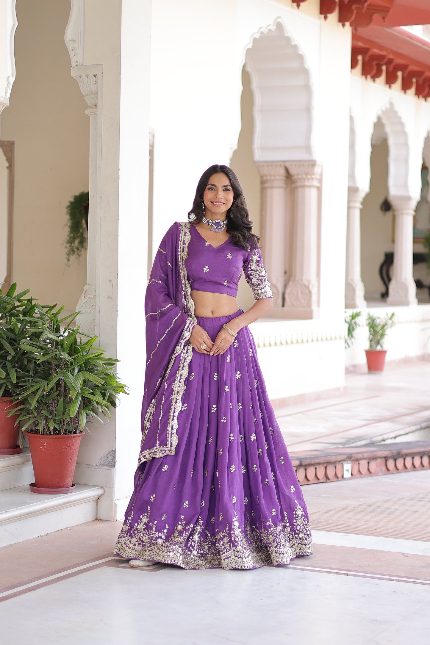 Purple Vichitra Silk Sequins and Zari Multi Embroidered work Lehenga Choli