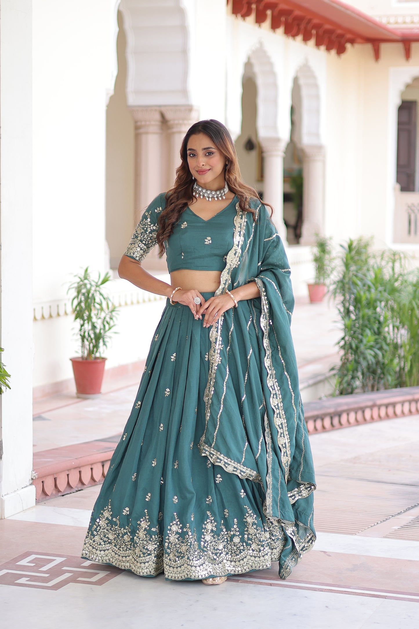Teal Blue Vichitra Silk Sequins and Zari Multi Embroidered work Lehenga Choli