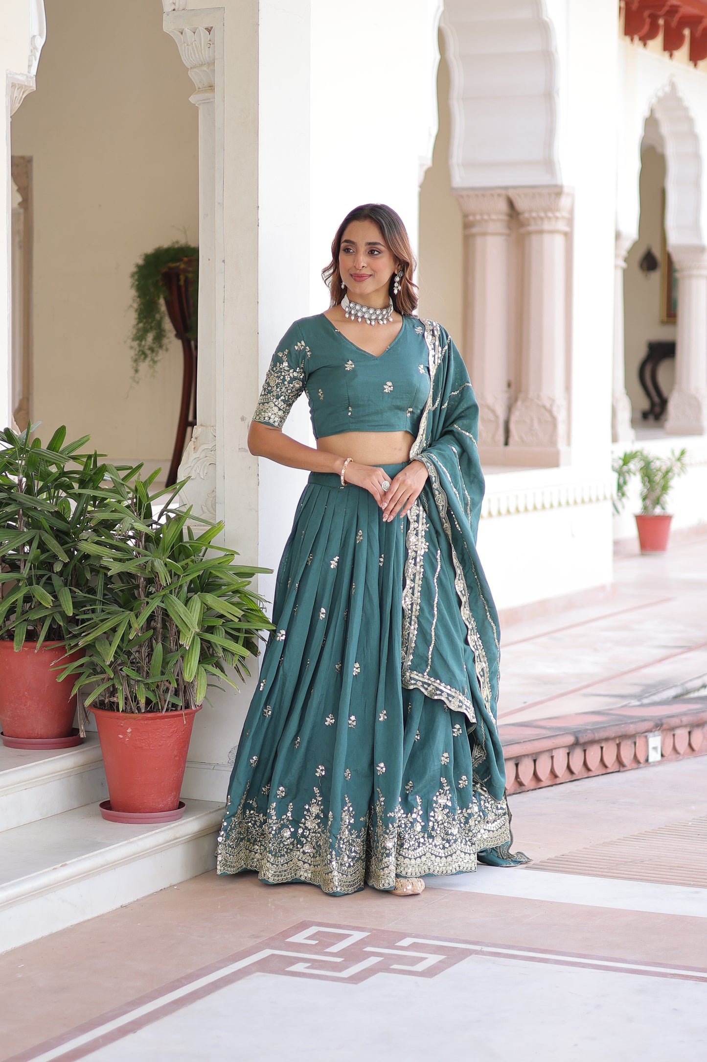Teal Blue Vichitra Silk Sequins and Zari Multi Embroidered work Lehenga Choli