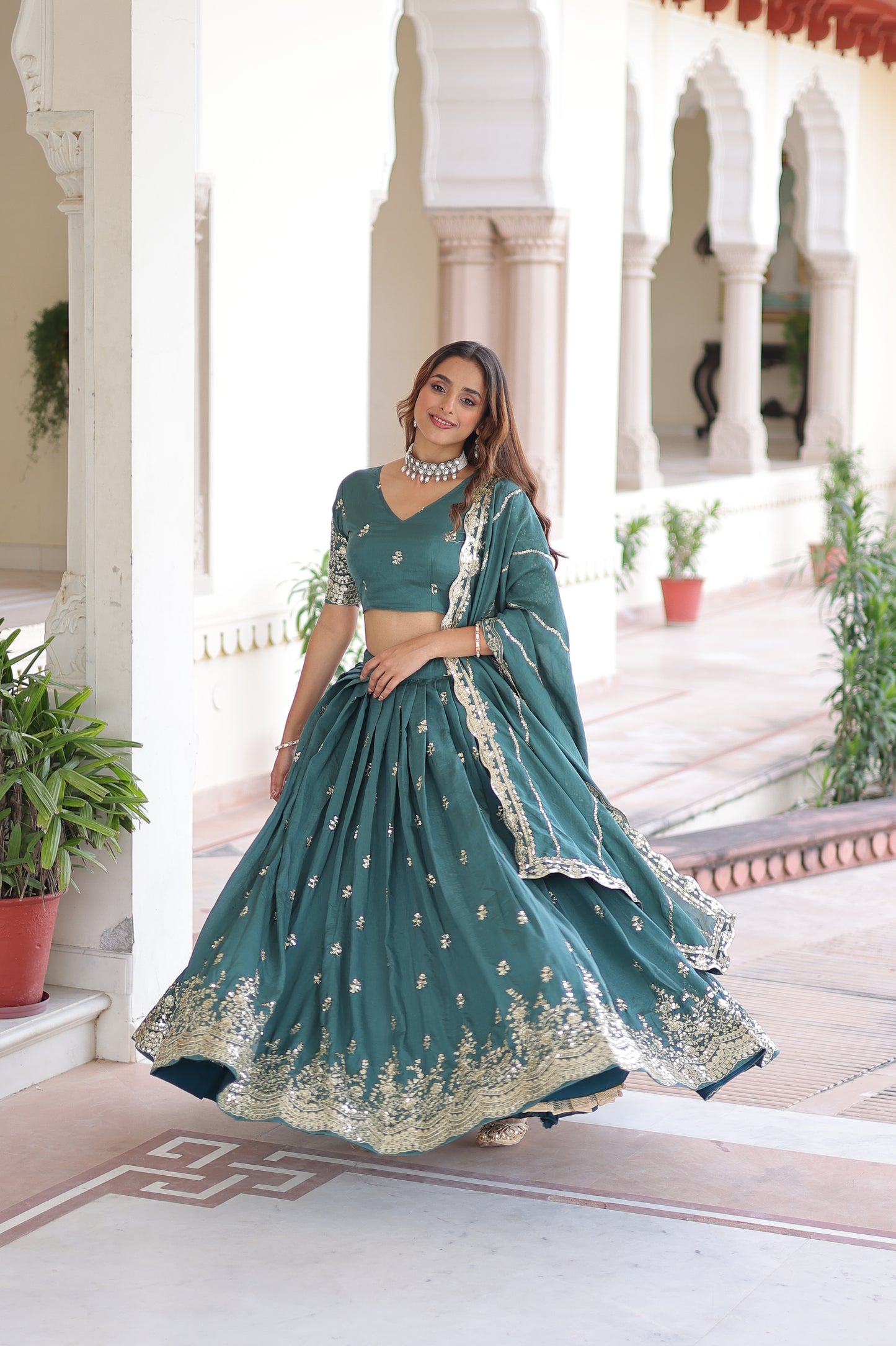 Teal Blue Vichitra Silk Sequins and Zari Multi Embroidered work Lehenga Choli