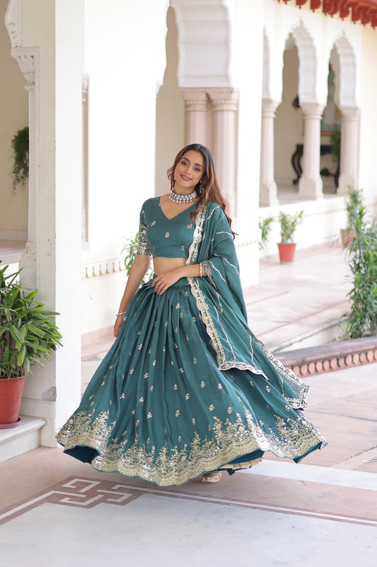 Teal Blue Vichitra Silk Sequins and Zari Multi Embroidered work Lehenga Choli