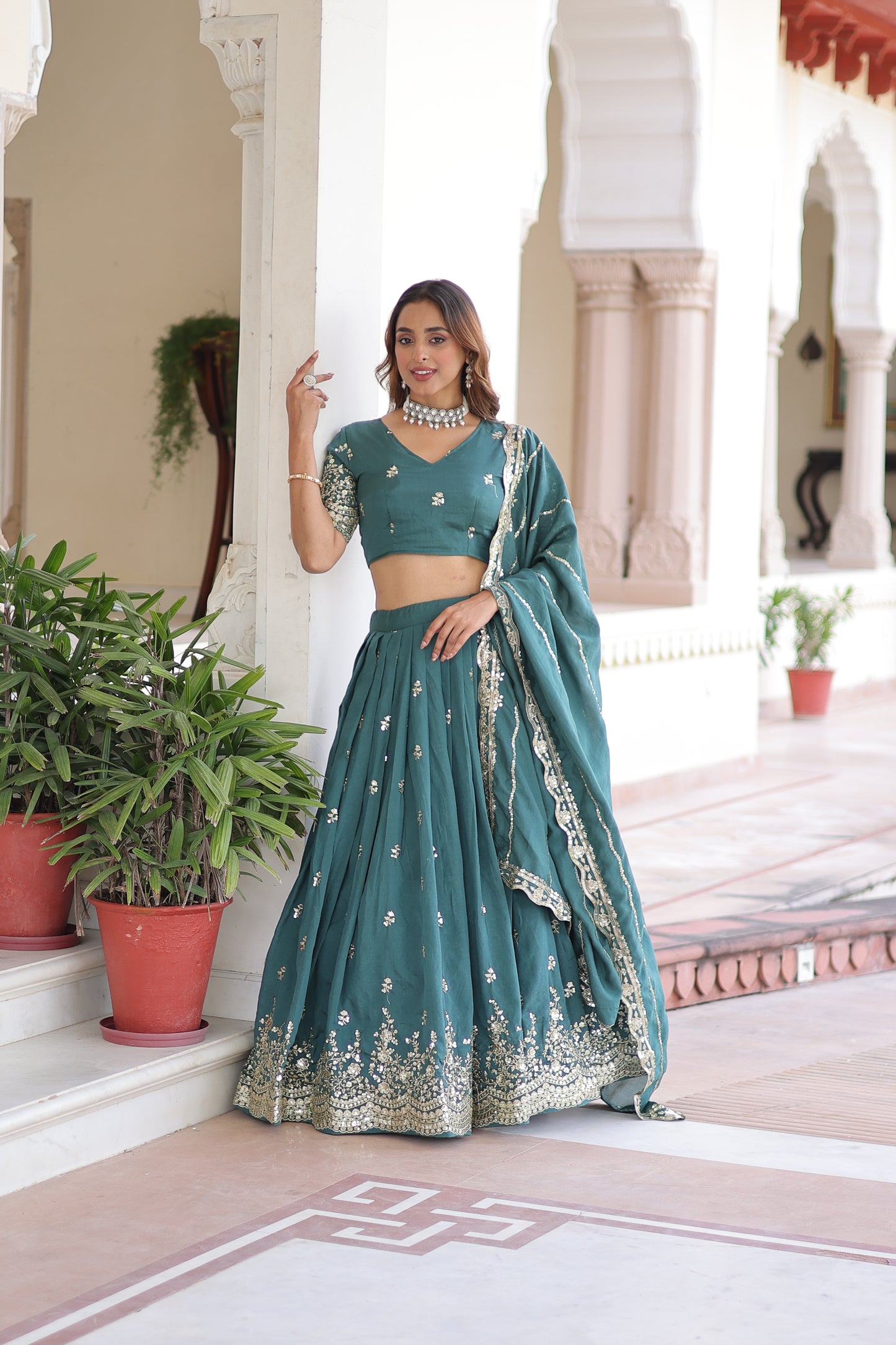 Teal Blue Vichitra Silk Sequins and Zari Multi Embroidered work Lehenga Choli