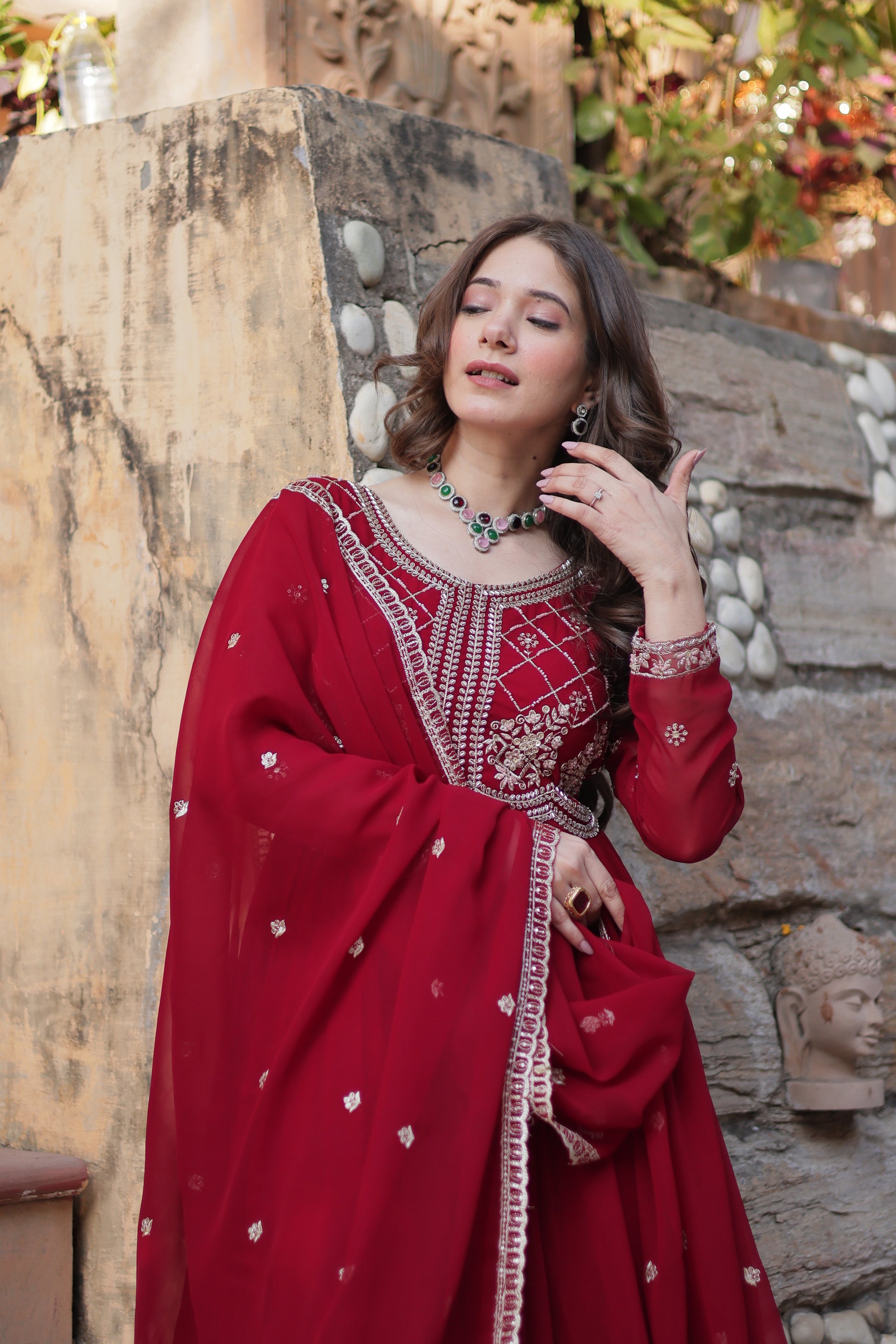 Maroon Georgette Ethnic Dress With Dupatta