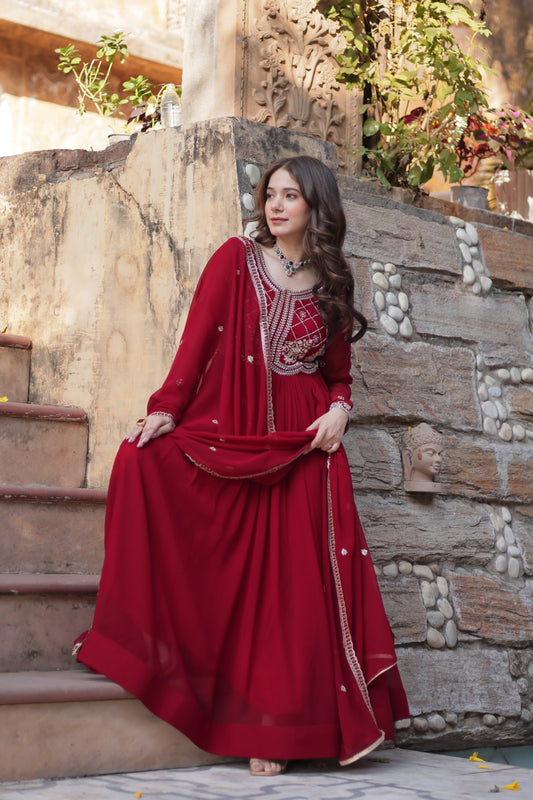 Maroon Georgette Ethnic Dress With Dupatta