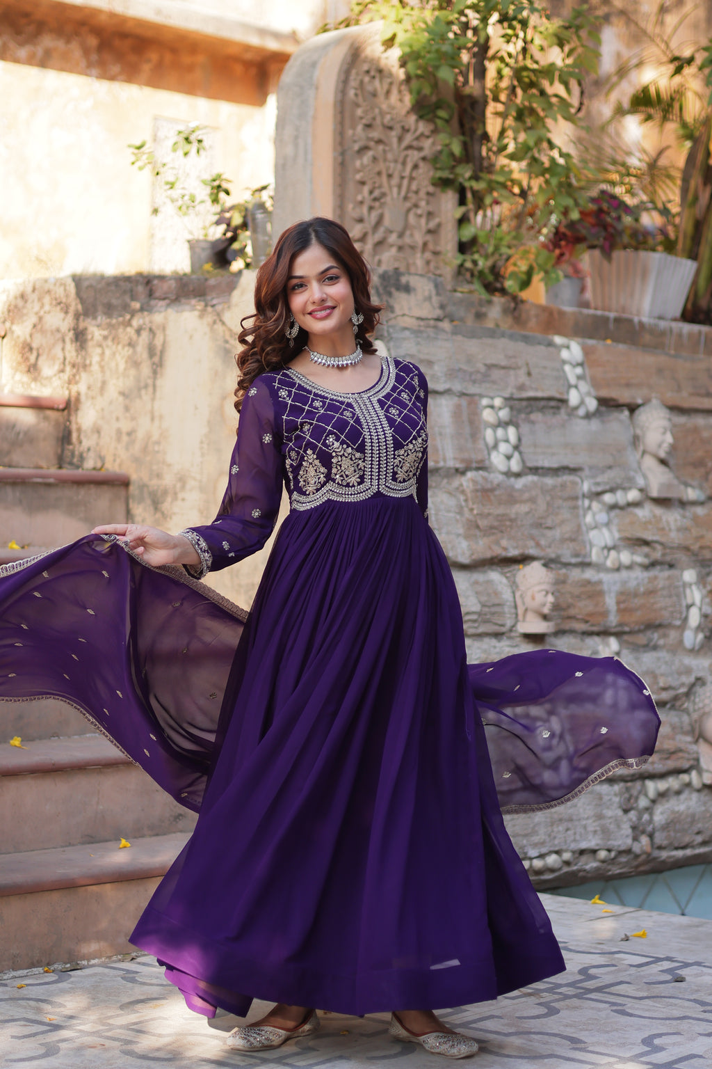 Purple Georgette Ethnic Dress With Dupatta