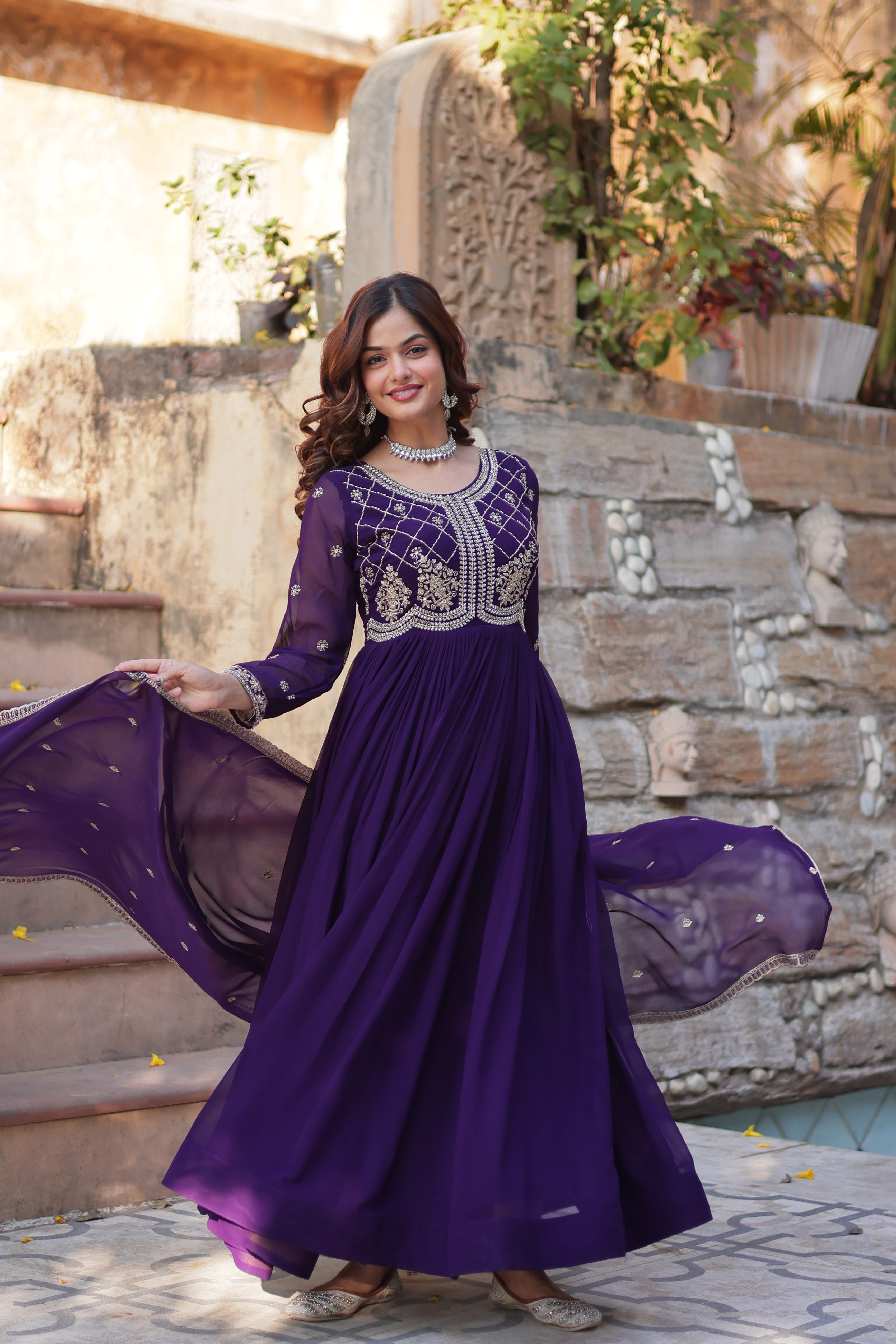 Purple Georgette Ethnic Dress With Dupatta