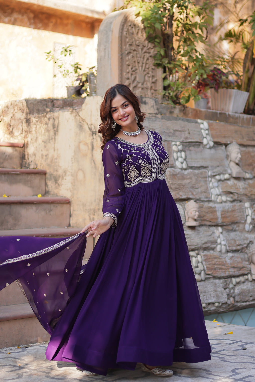 Purple Georgette Ethnic Dress With Dupatta