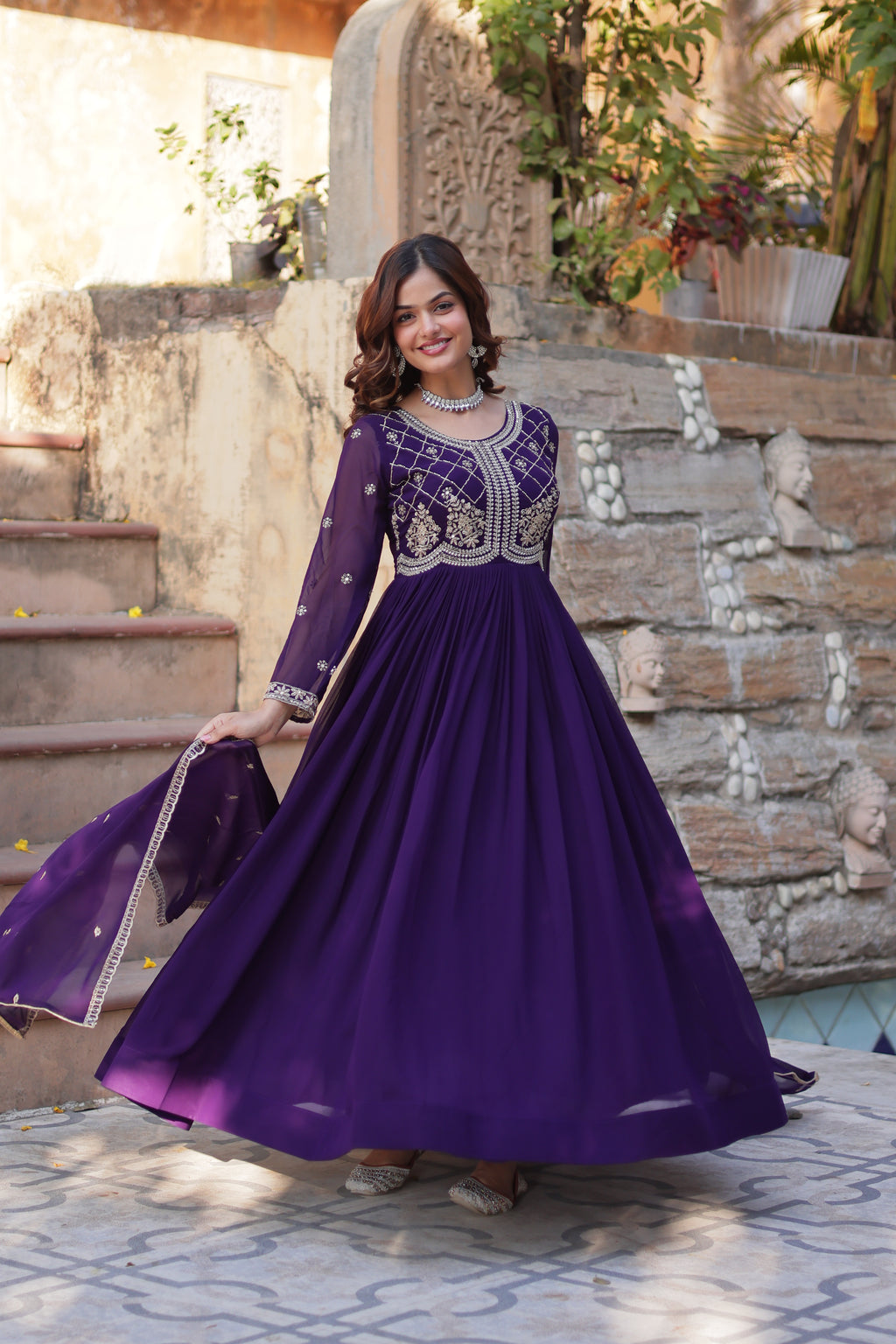 Purple Georgette Ethnic Dress With Dupatta