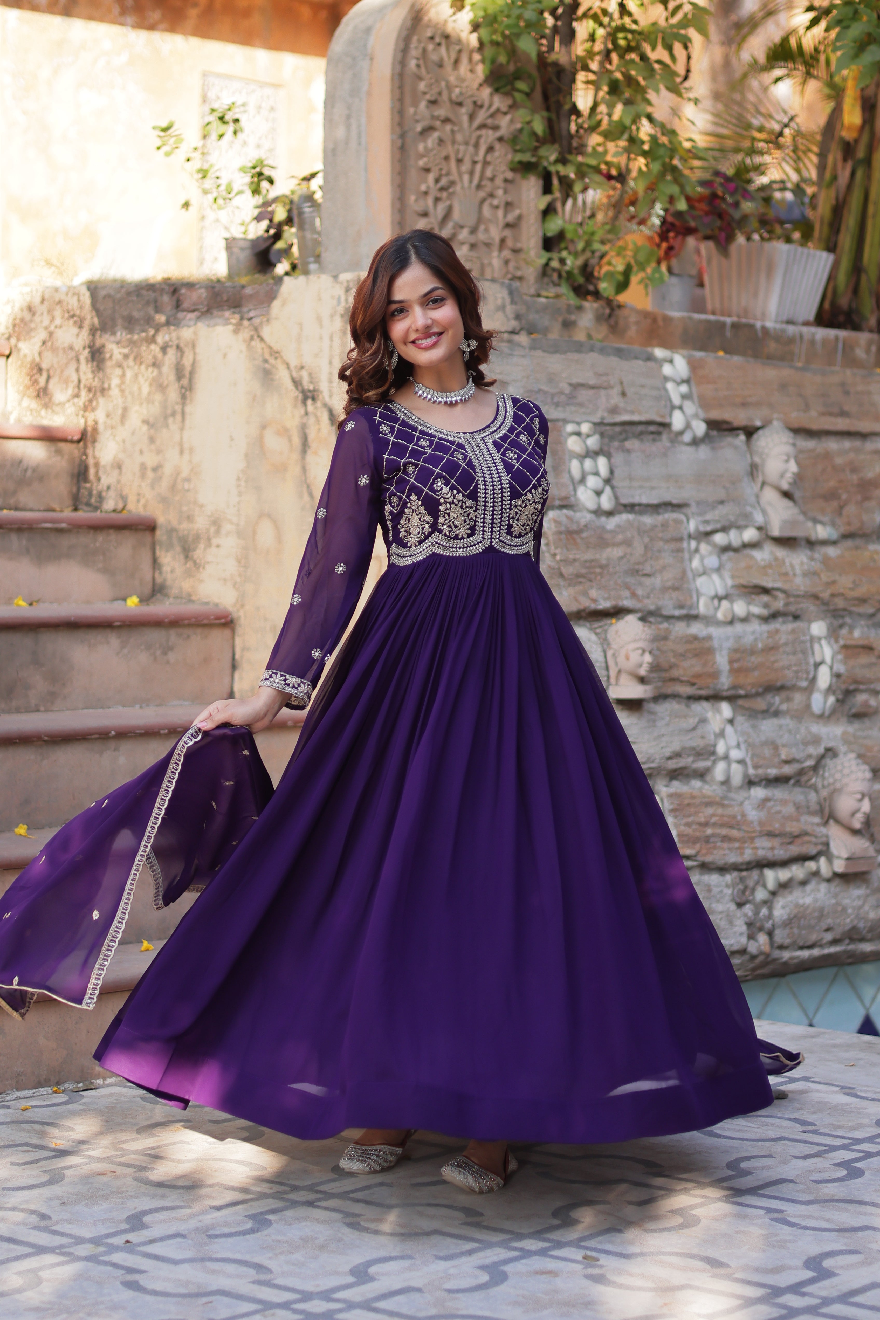 Purple Georgette Ethnic Dress With Dupatta