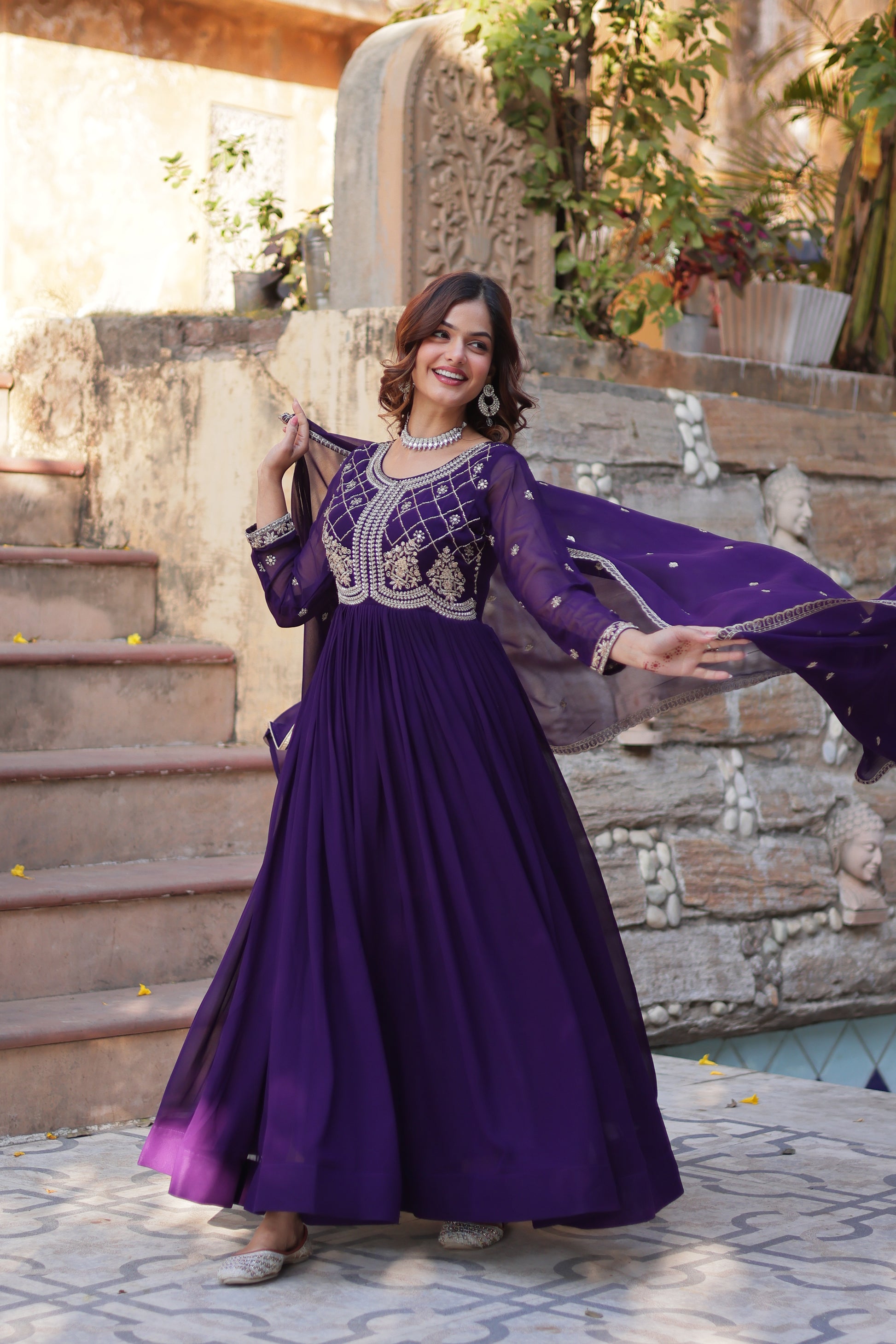 Purple Georgette Ethnic Dress With Dupatta