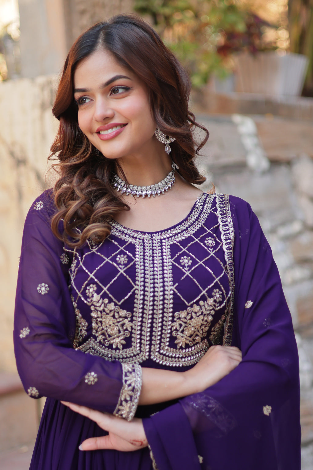 Purple Georgette Ethnic Dress With Dupatta