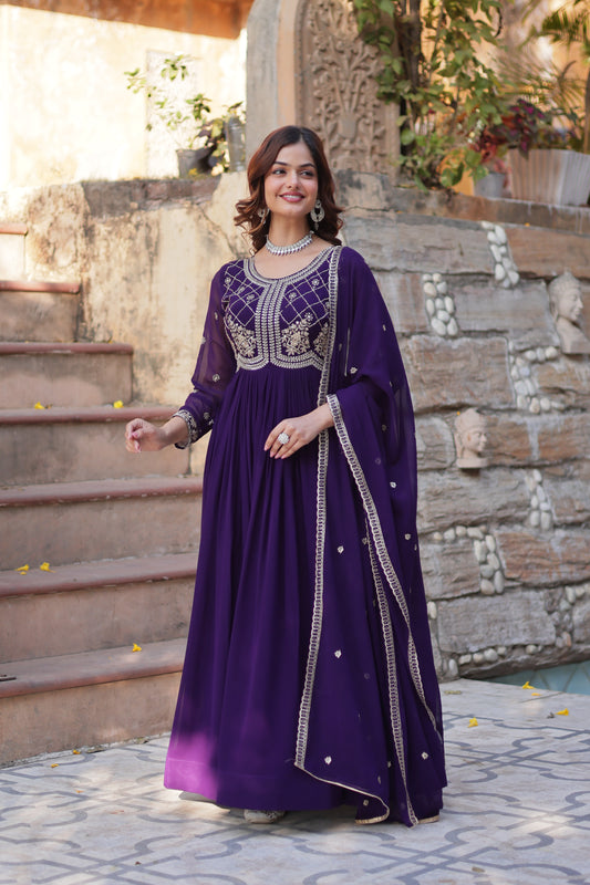 Purple Georgette Ethnic Dress With Dupatta