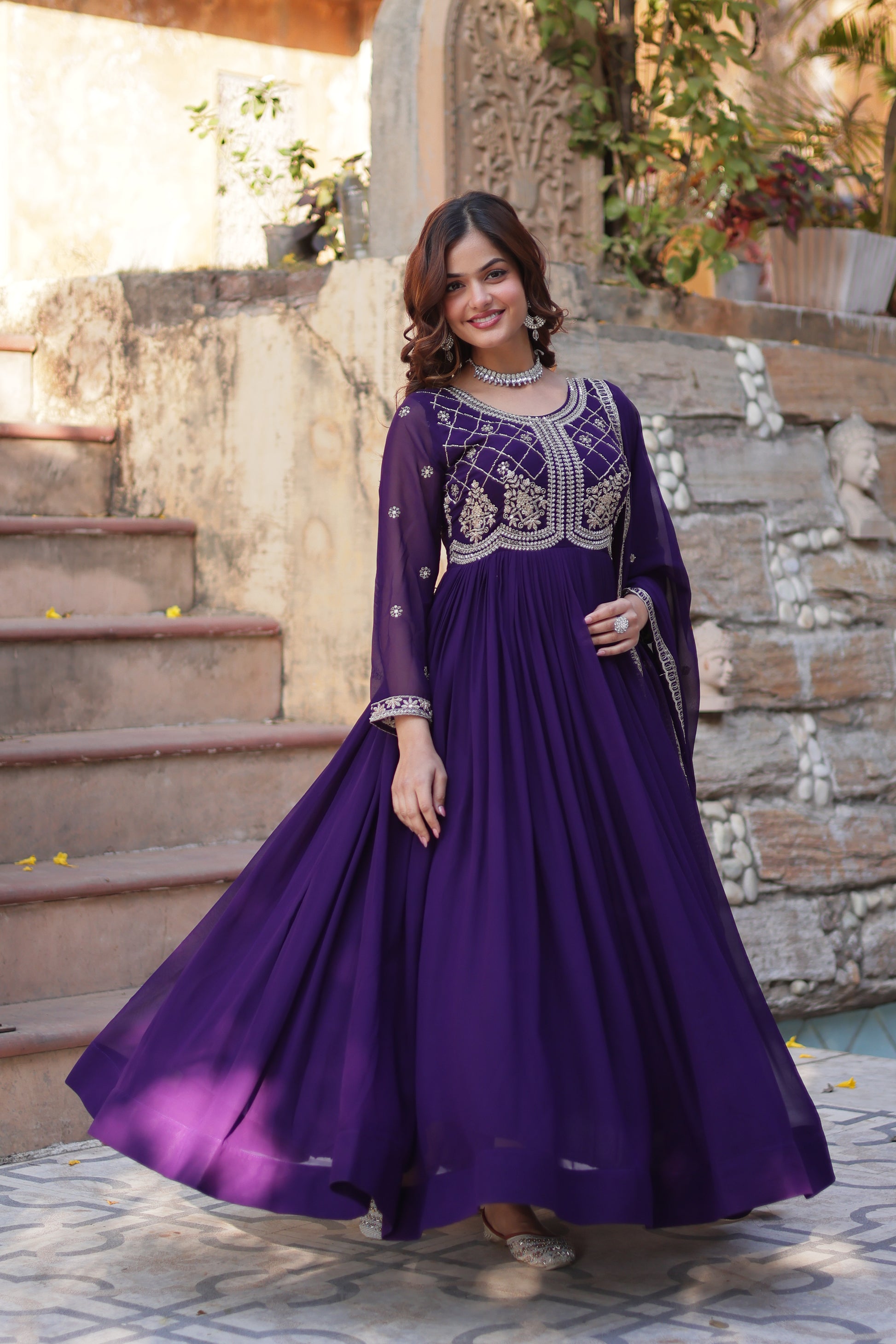 Purple Georgette Ethnic Dress With Dupatta