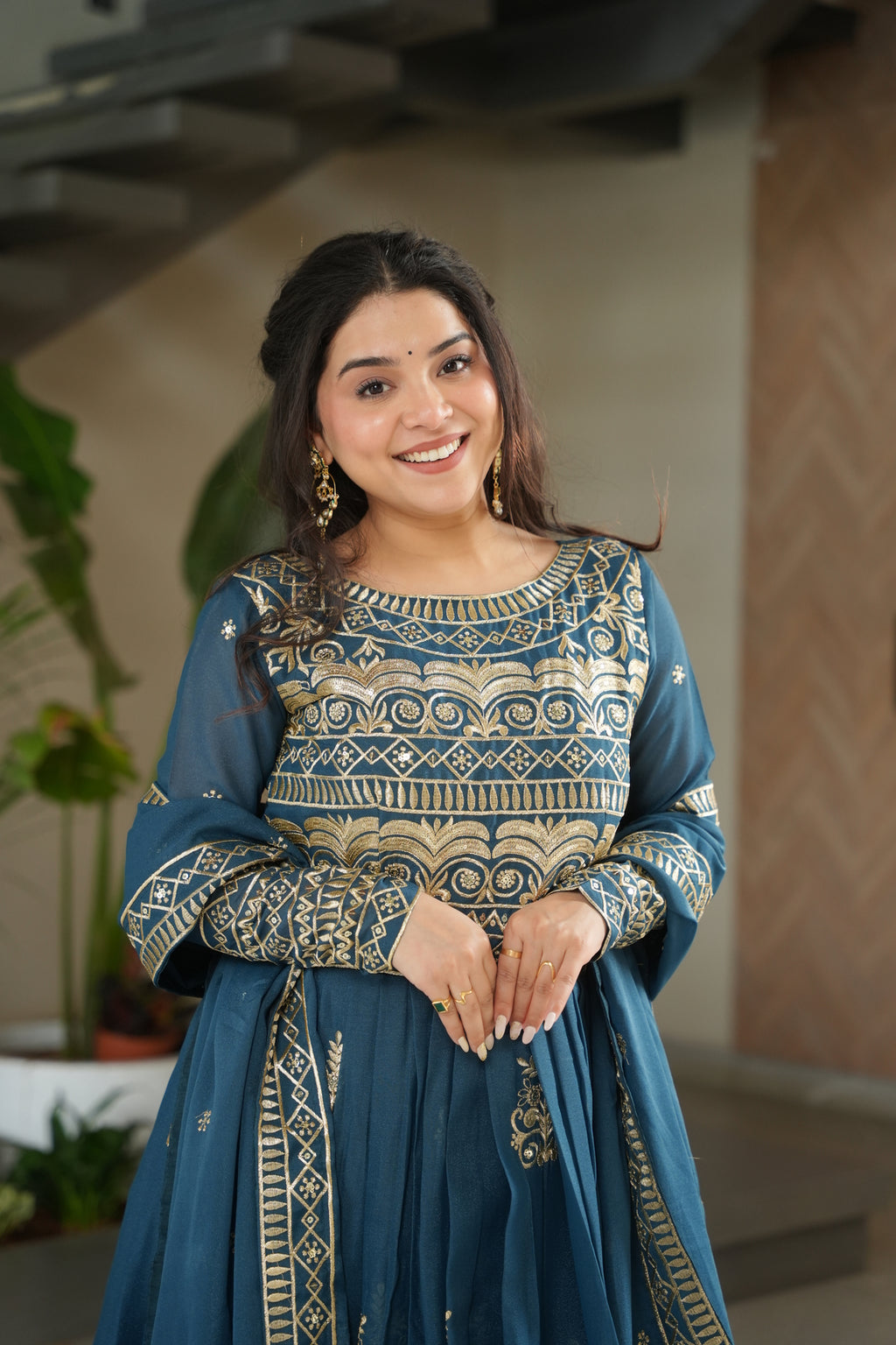 Rama Blue Chinon Long Sleeve Embroidered Maxi Dress