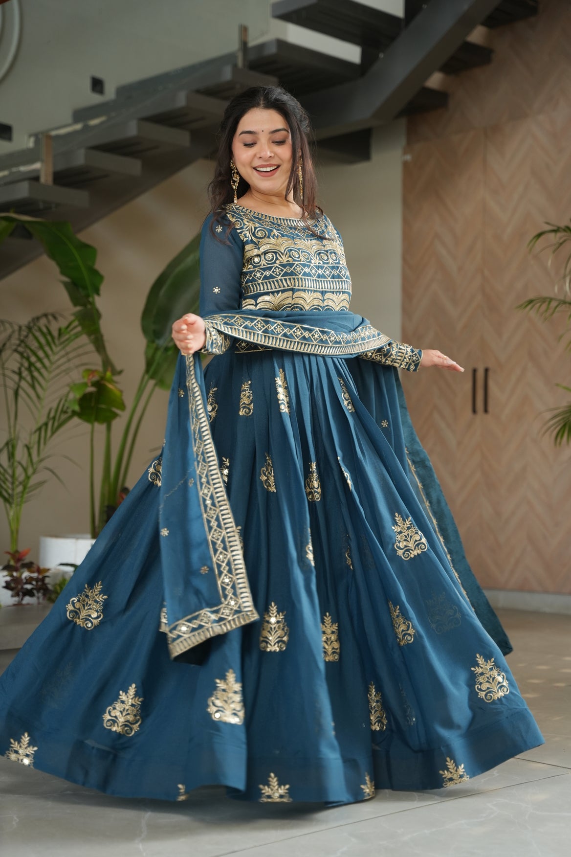 Rama Blue Chinon Long Sleeve Embroidered Maxi Dress