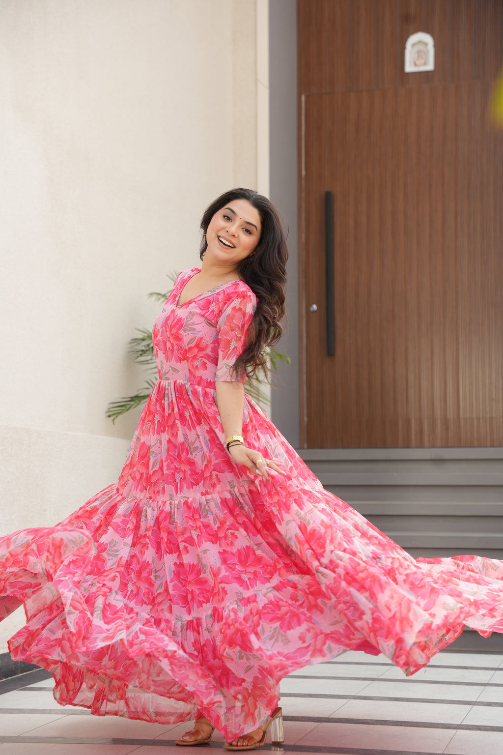 Peach Georgette Printed Dress