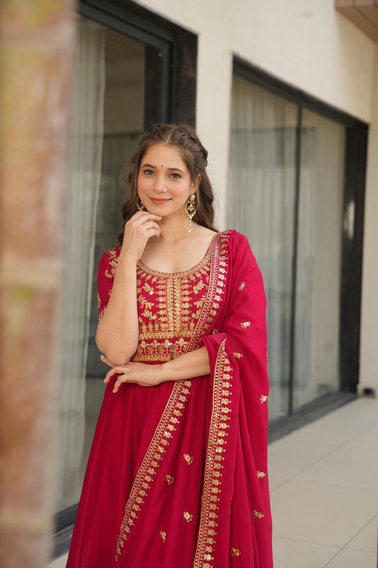Pink Silk Long Gown With Dupatta