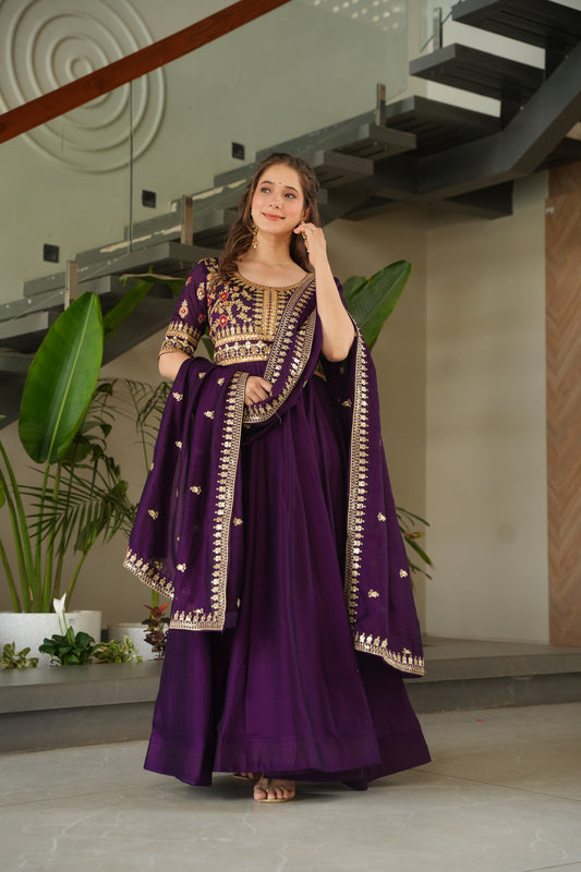 Purple Silk Long Gown With Dupatta