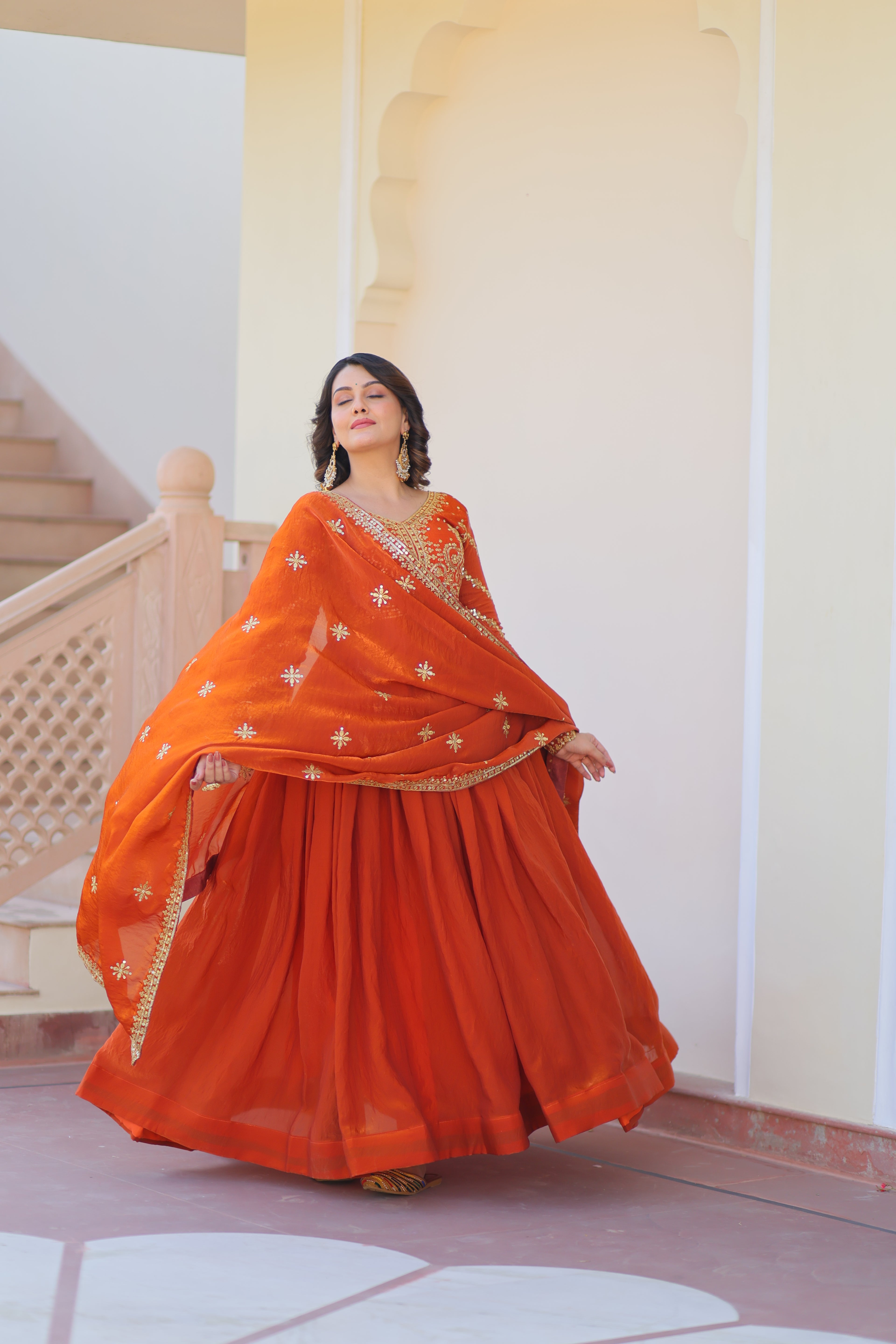 Orange Gown For Women With Dupatta