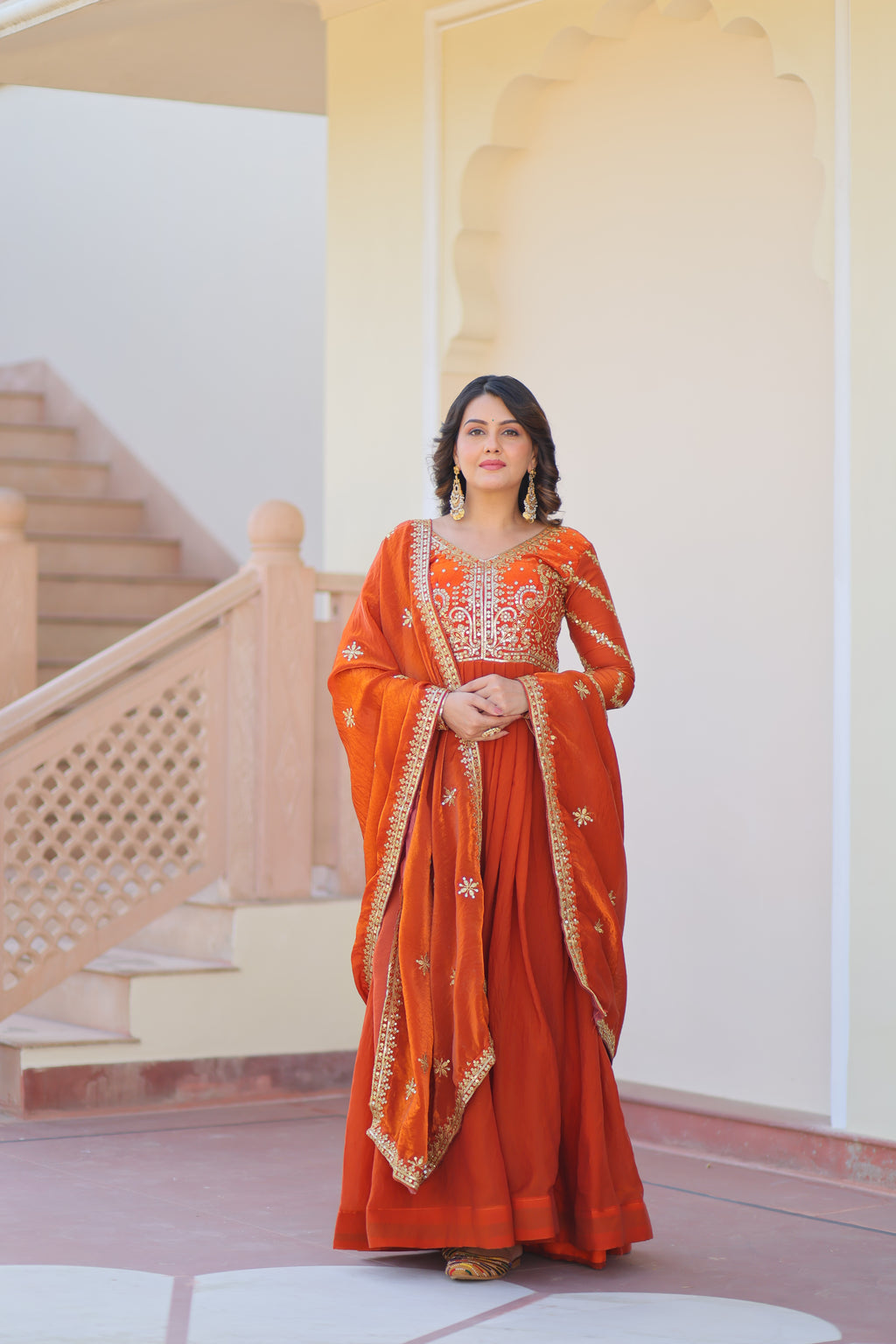 Orange Gown For Women With Dupatta