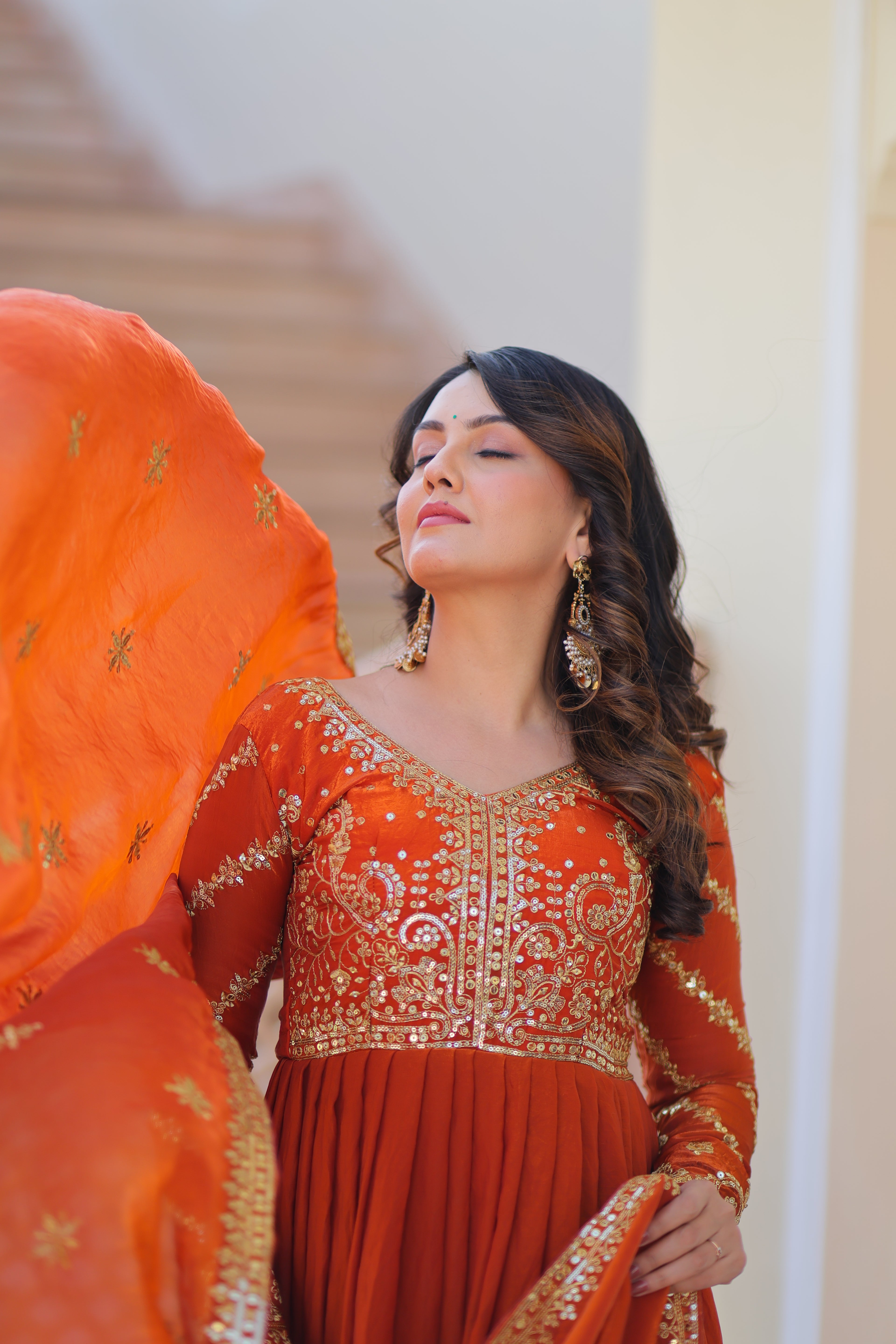 Orange Gown For Women With Dupatta