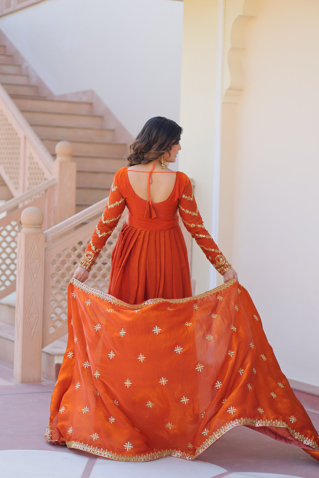Orange Gown For Women With Dupatta
