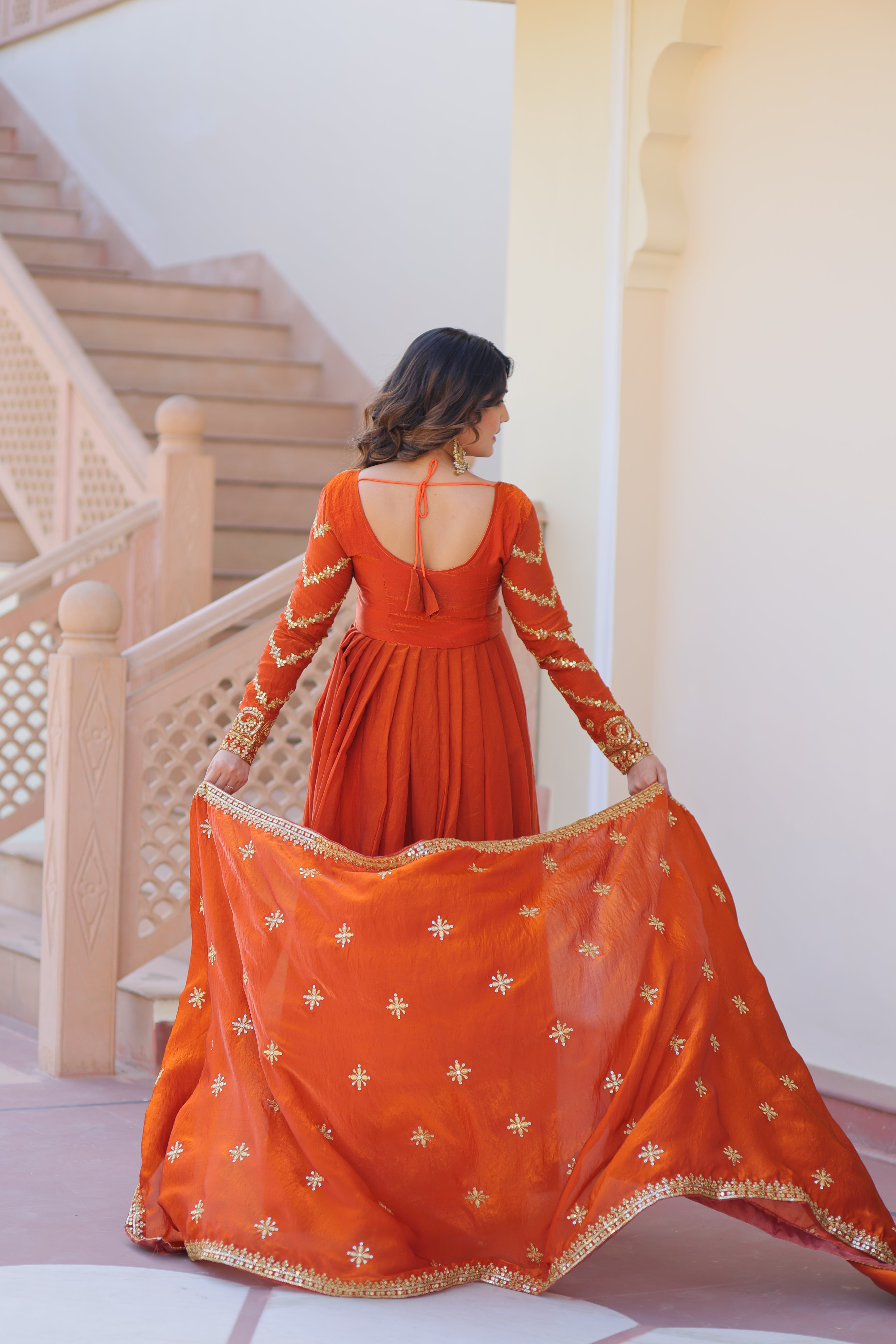 Orange Gown For Women With Dupatta