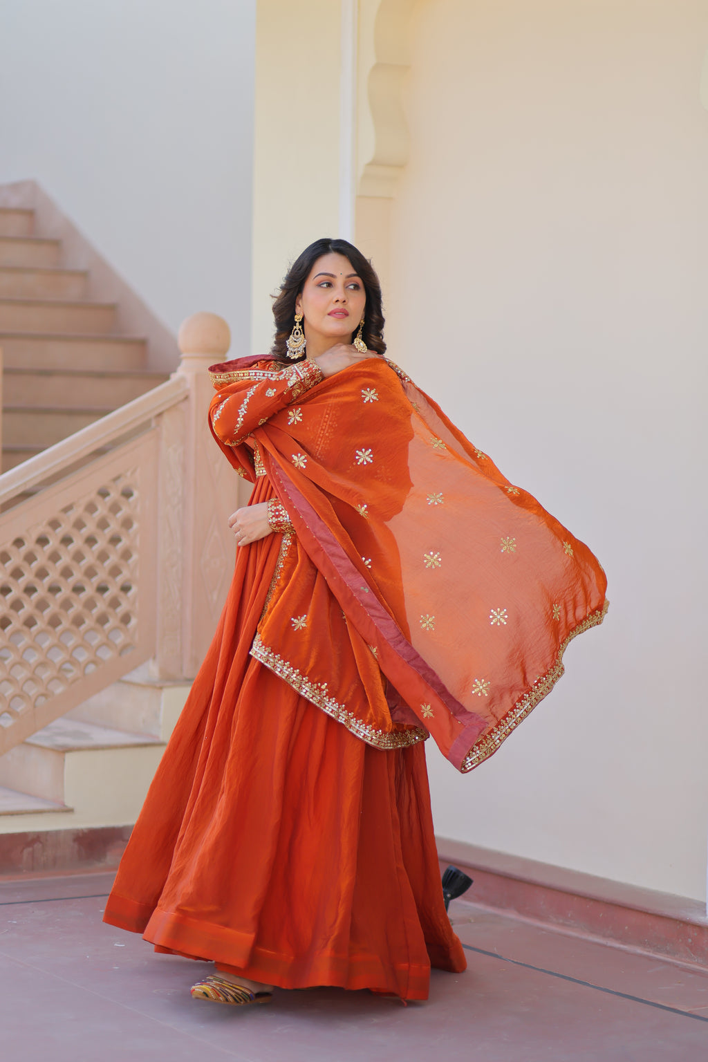 Orange Gown For Women With Dupatta