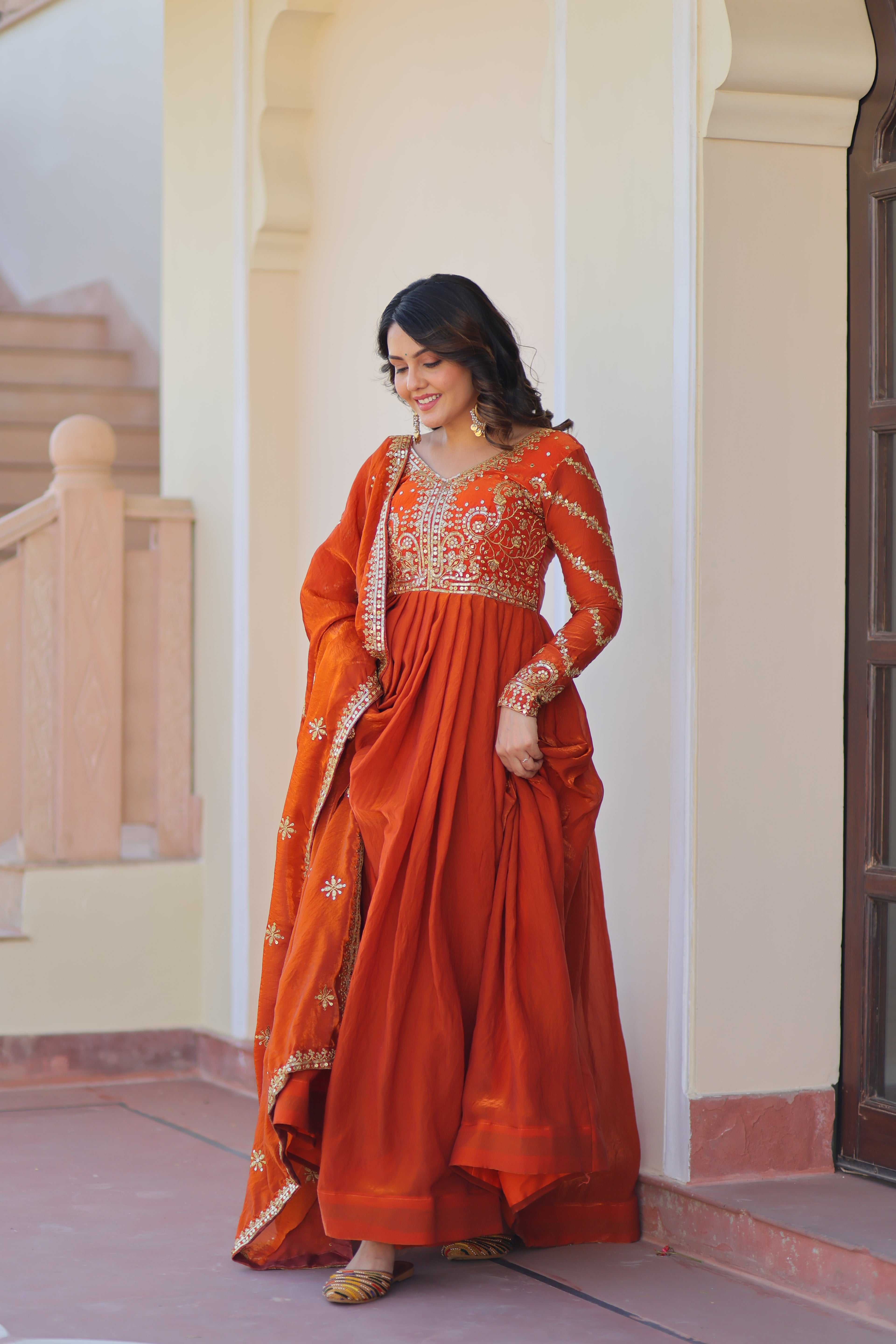 Orange Gown For Women With Dupatta