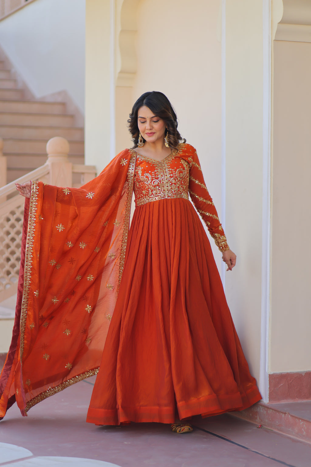 Orange Gown For Women With Dupatta