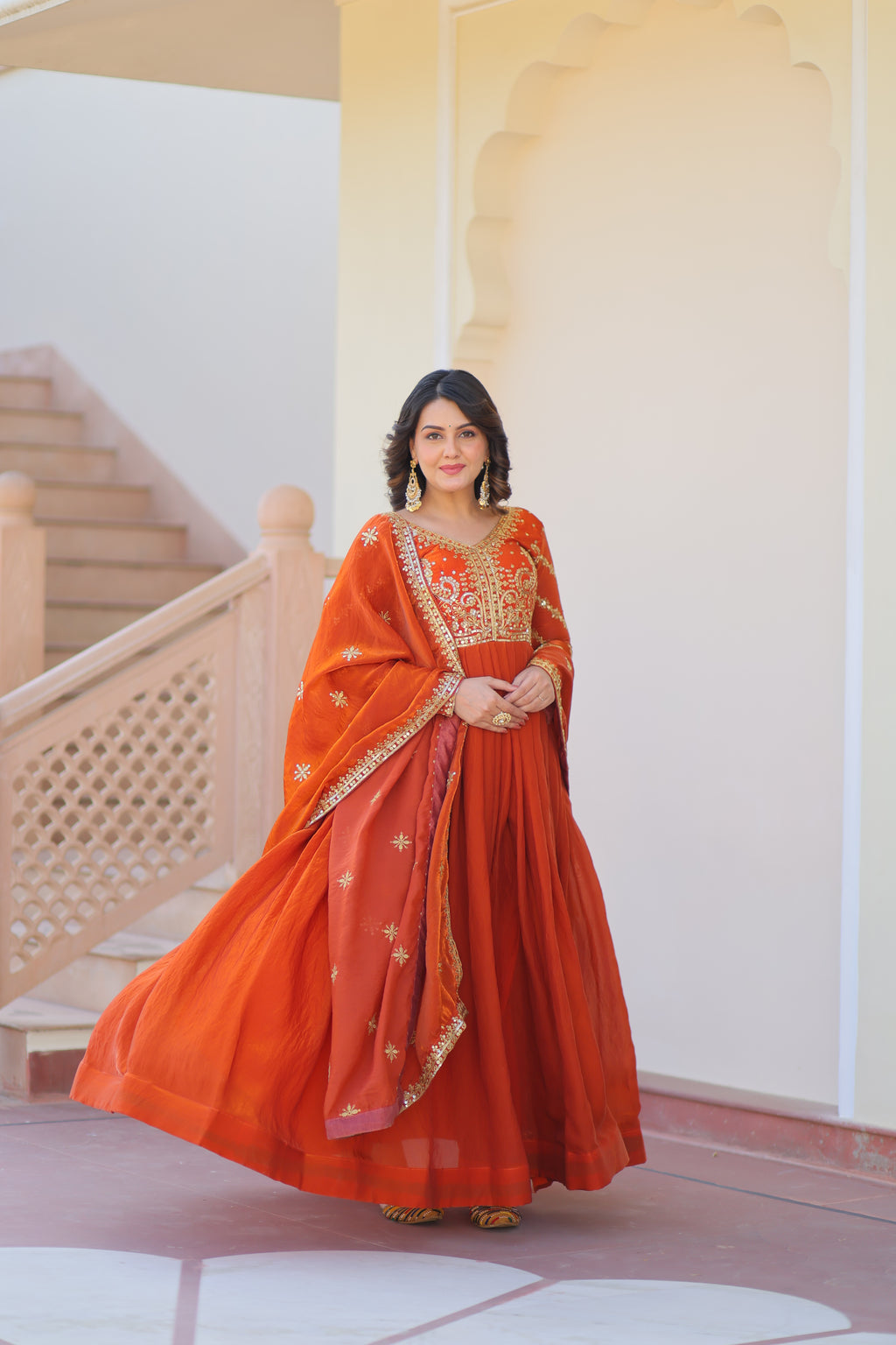 Orange Gown For Women With Dupatta