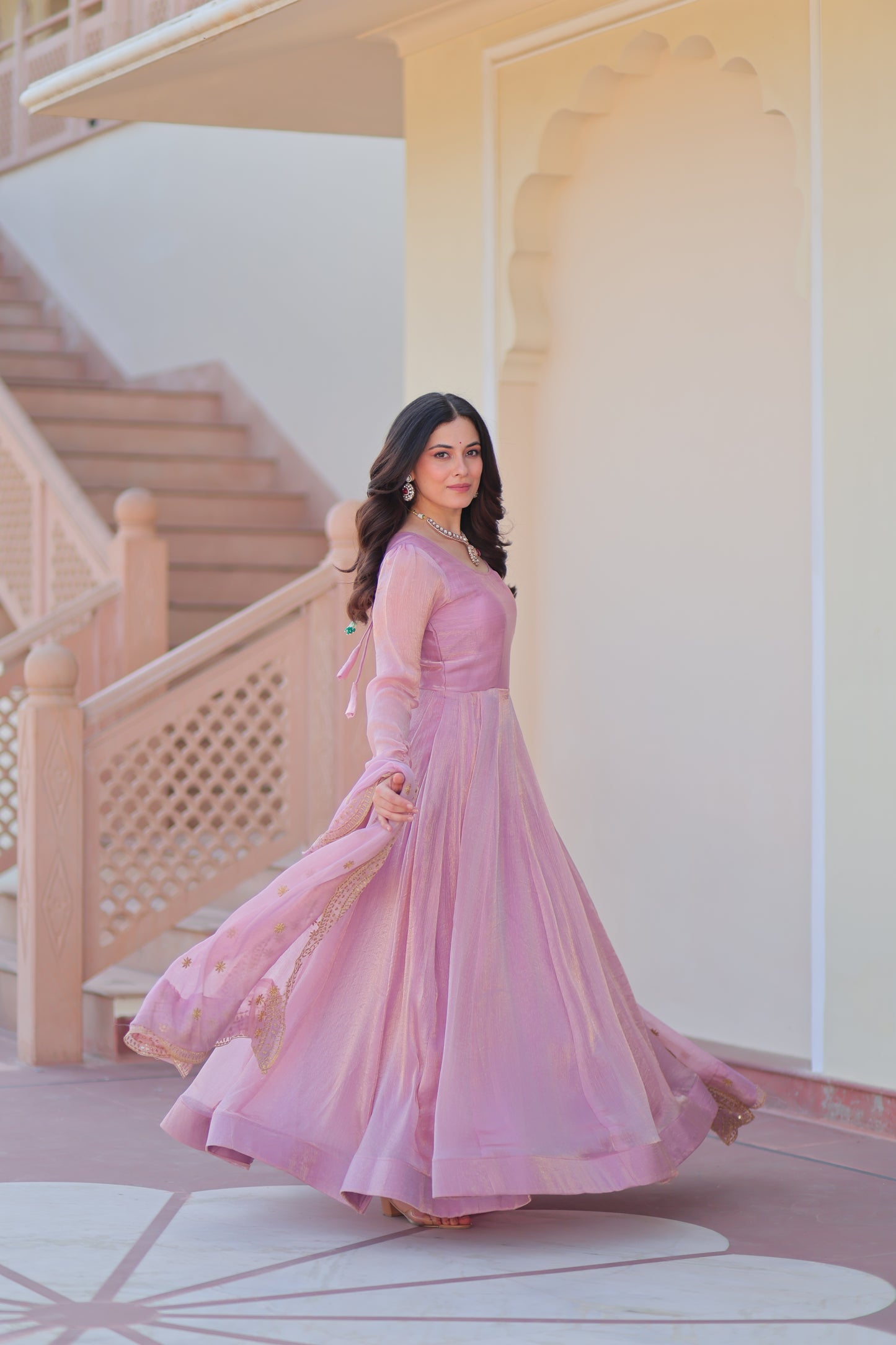 Pink Chiffon Long Gown With Dupatta