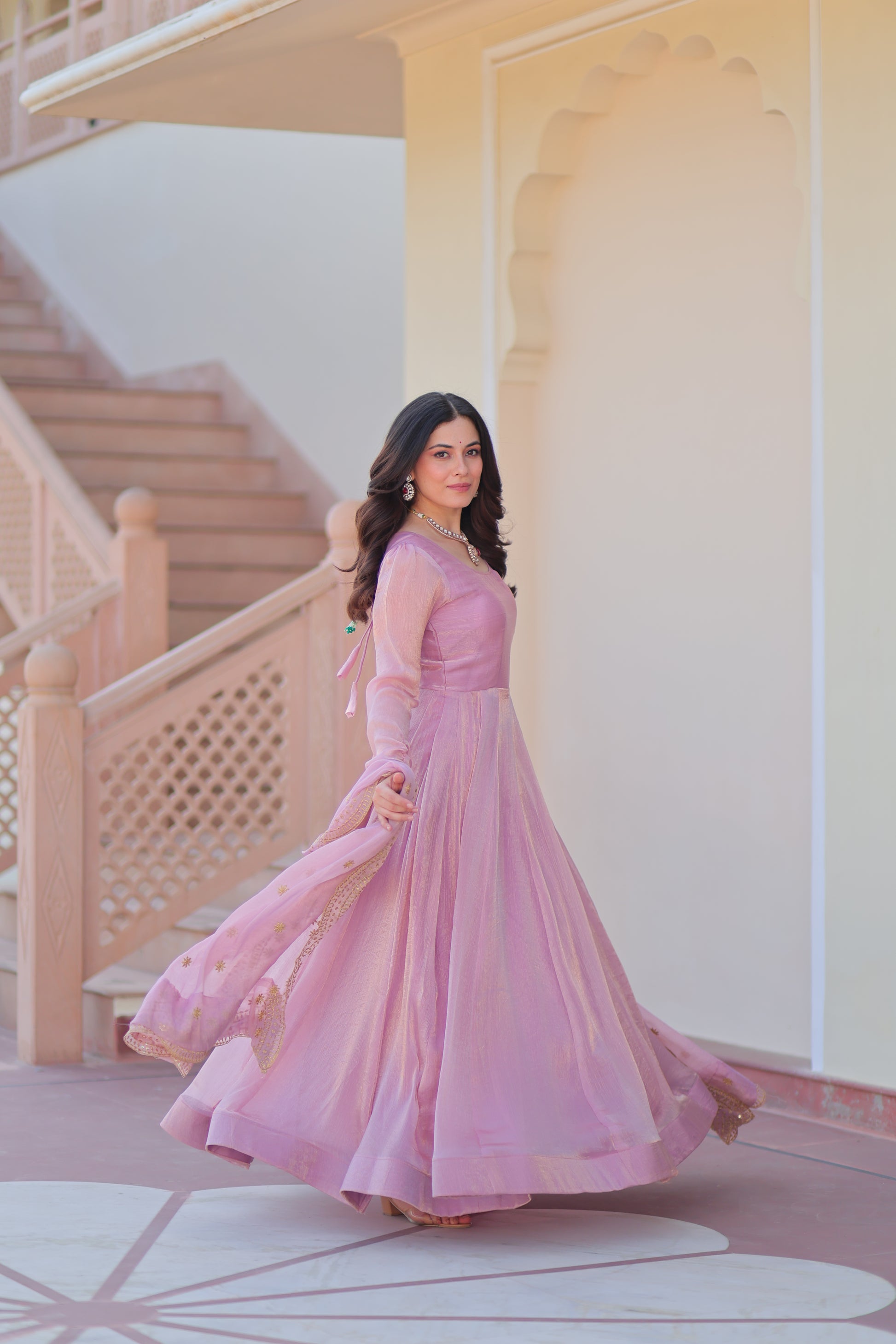 Pink Chiffon Long Gown With Dupatta