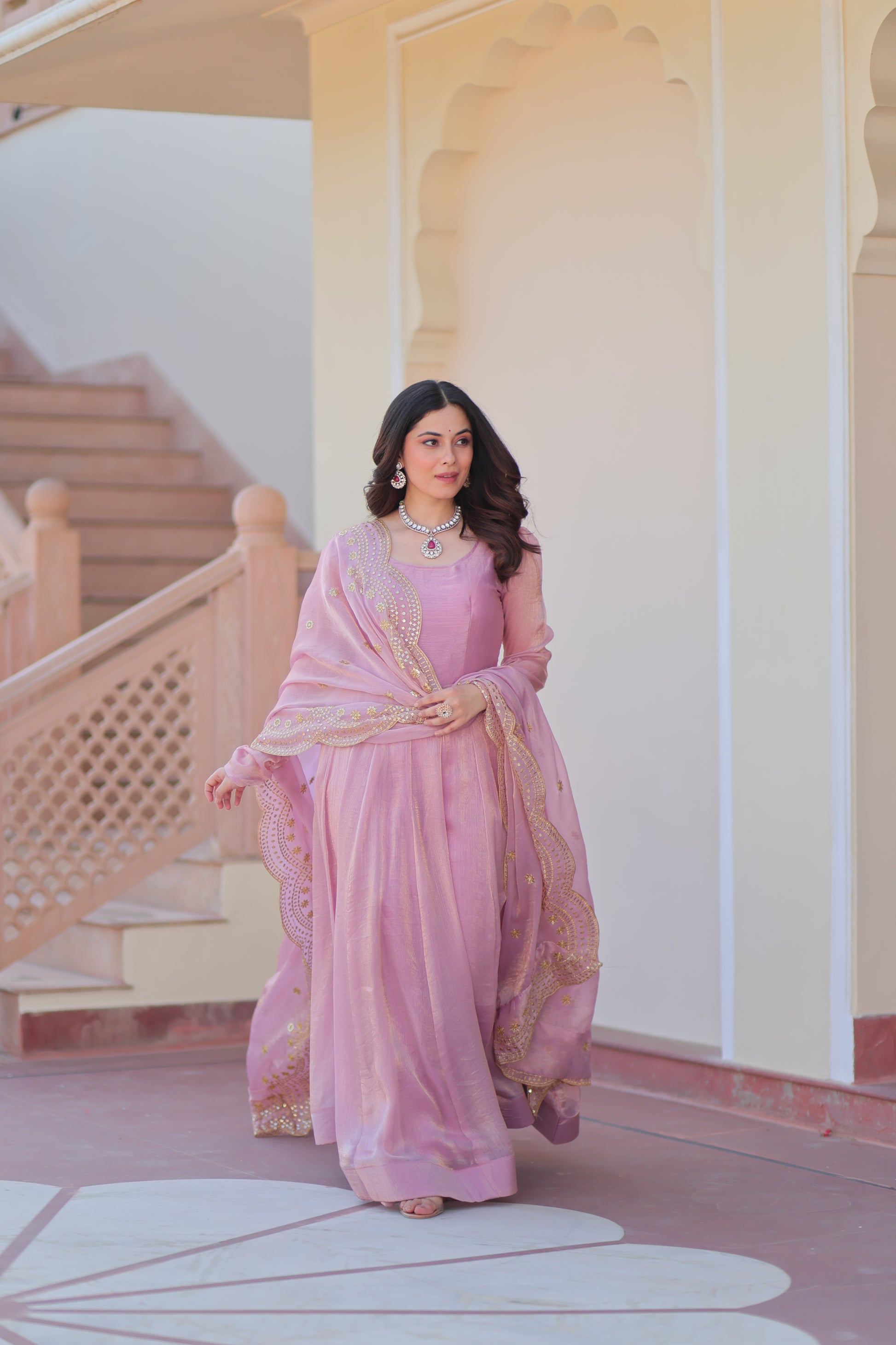 Pink Chiffon Long Gown With Dupatta