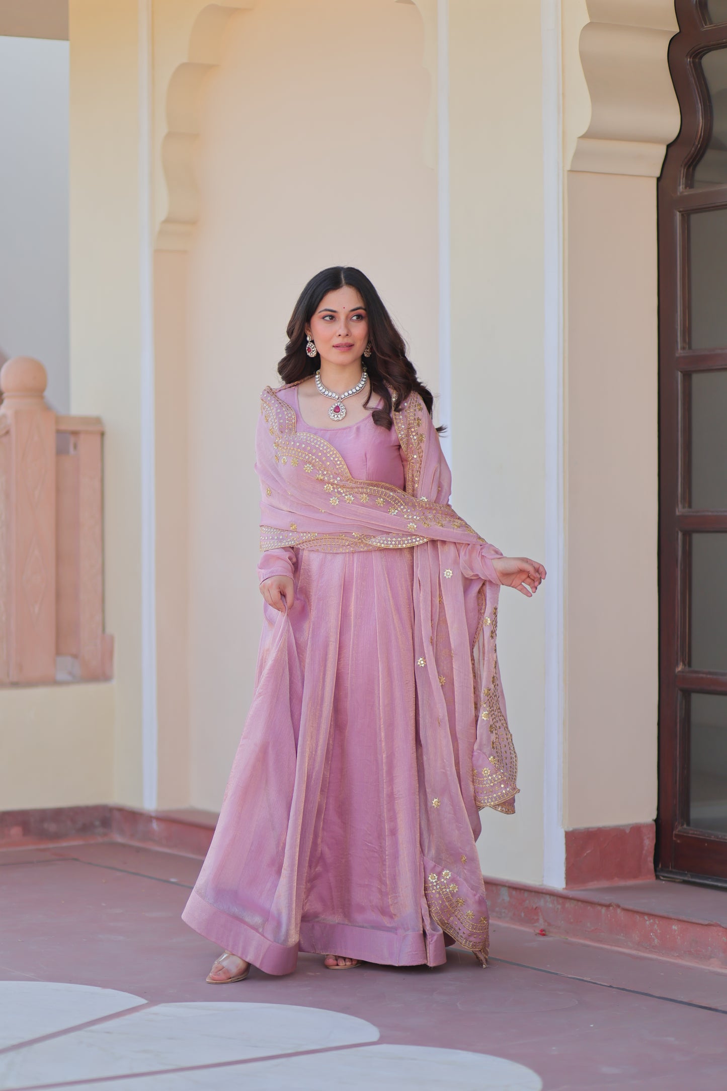 Pink Chiffon Long Gown With Dupatta