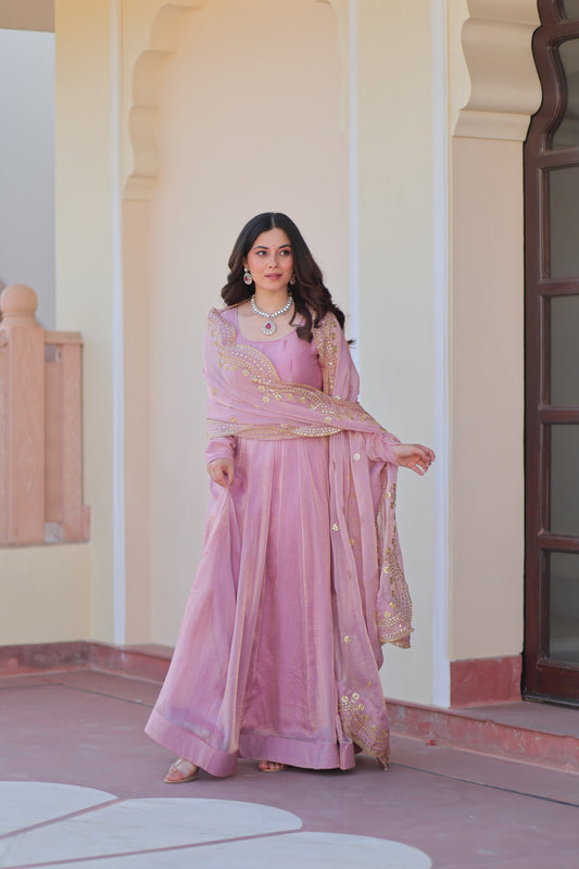 Pink Chiffon Long Gown With Dupatta