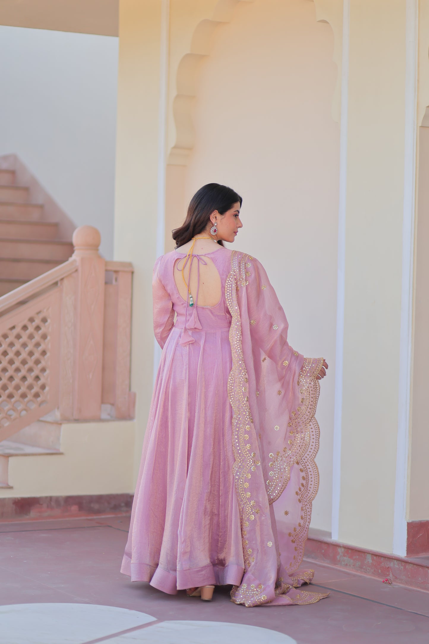 Pink Chiffon Long Gown With Dupatta