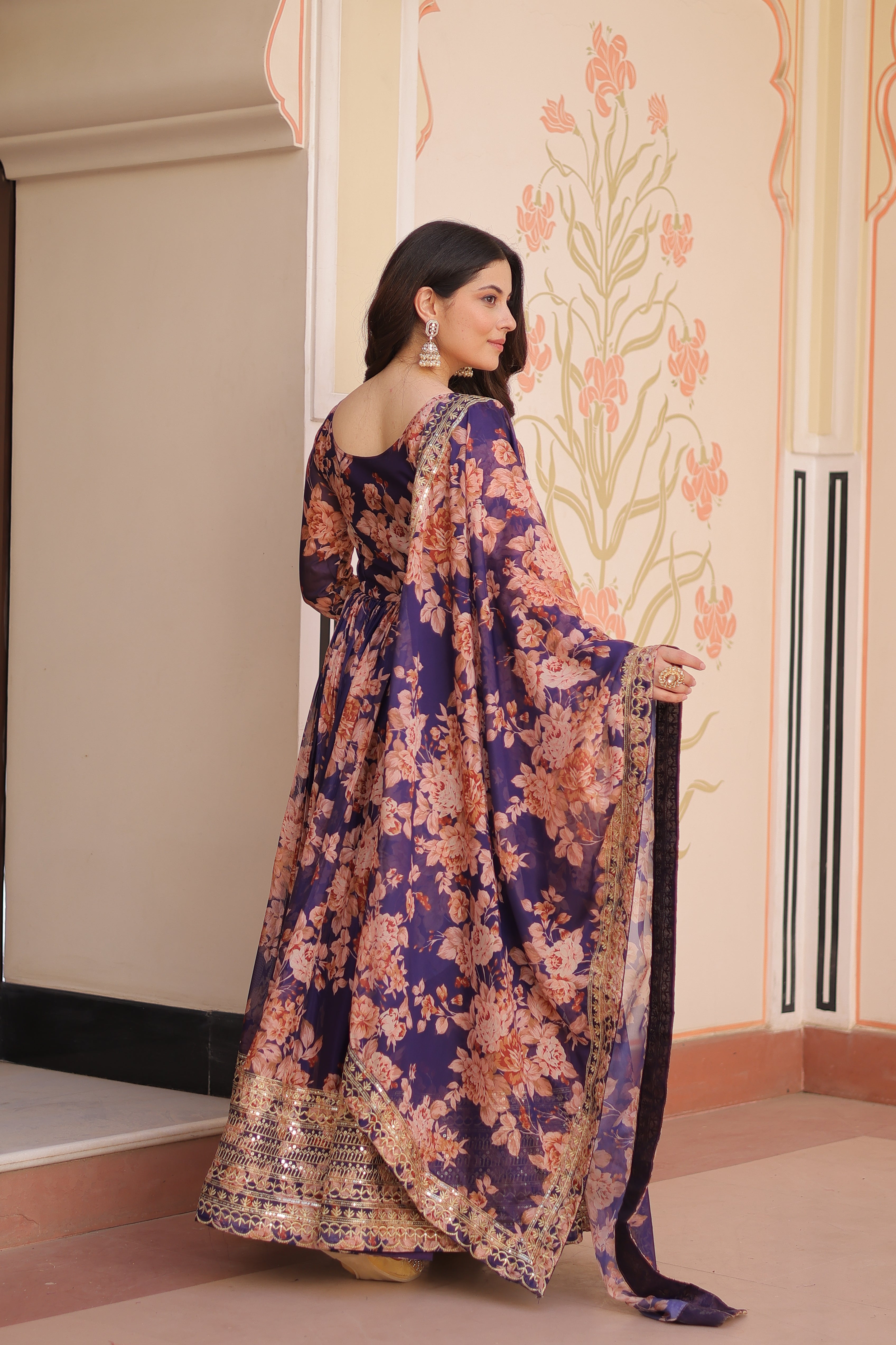 Purple Silk Printed And Embroidered Gown